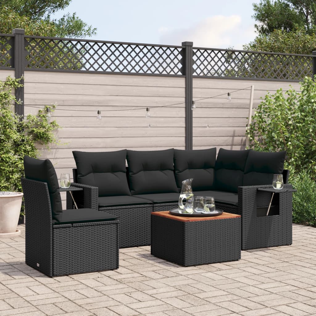 6 Pcs conjunto sofás de jardim c/ almofadões vime PE preto