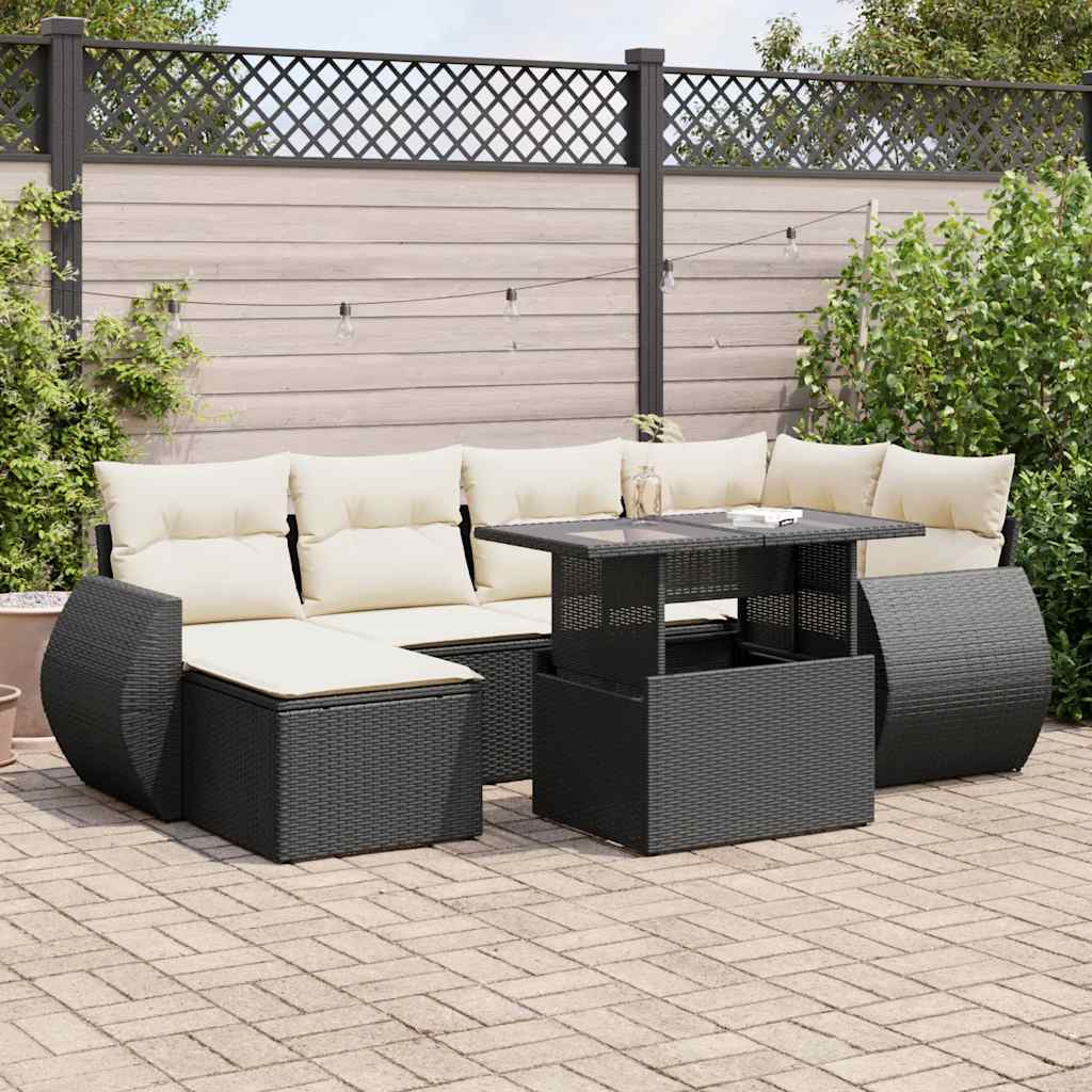 7 Pcs conjunto de sofás p/ jardim c/ almofadões vime PE preto