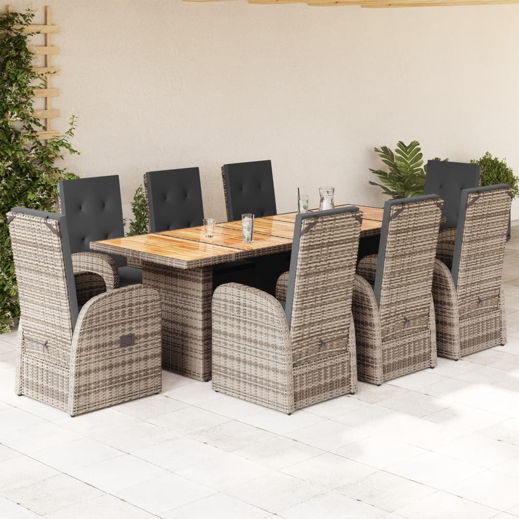 9 Pcs conjunto de jantar p/ jardim c/ almofadões vime PE cinza