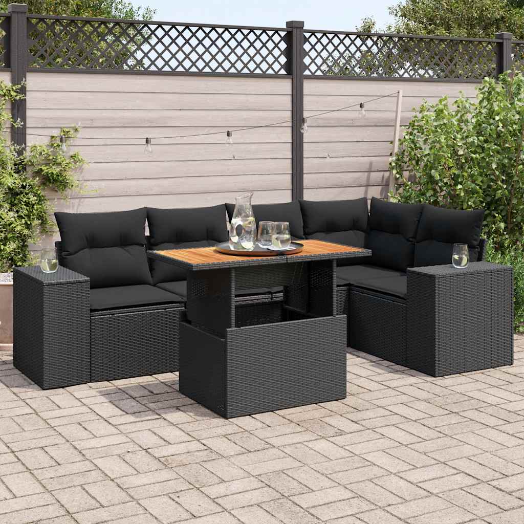 6 Pcs conjunto sofás de jardim c/ almofadões vime PE preto