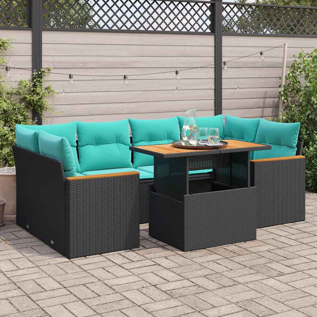 7 Pcs conjunto de sofás p/ jardim c/ almofadões vime PE preto