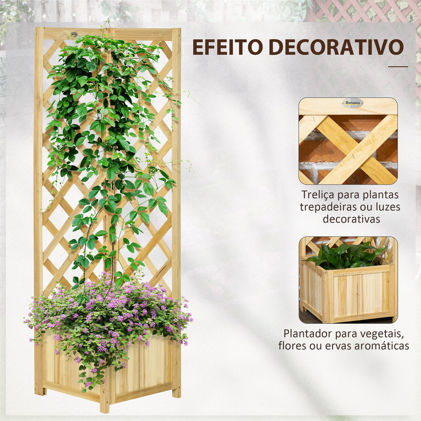 Floreira com treliça de madeira para exterior, elevada para plantas trepadeiras 40x40x145 cm madeira