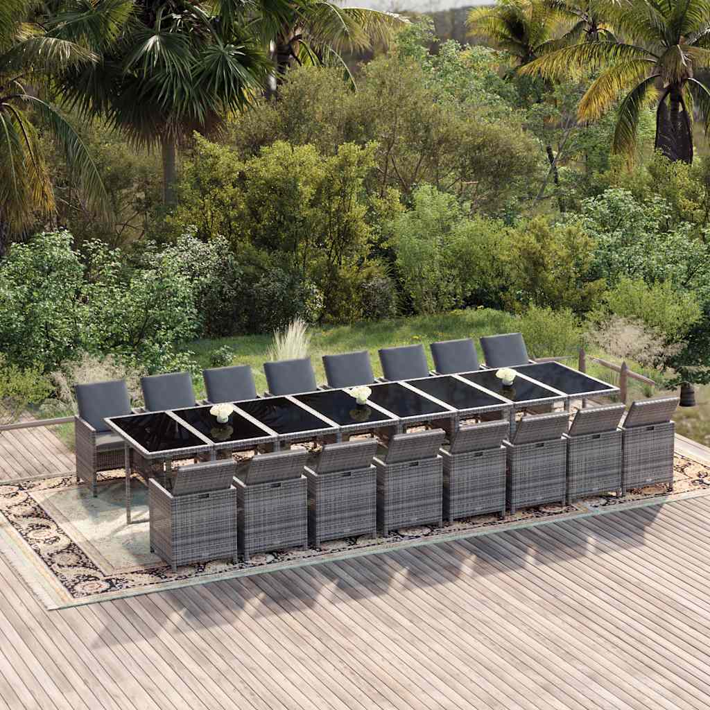 17 Pcs conjunto de jantar p/ jardim c/ almofadões vime PE cinza