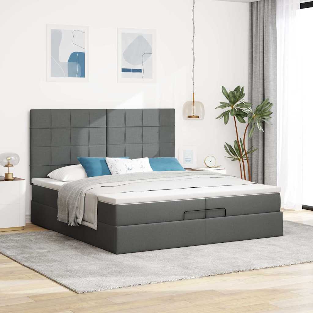 Estrutura de cama otomana com colchões tecido cinzento escuro