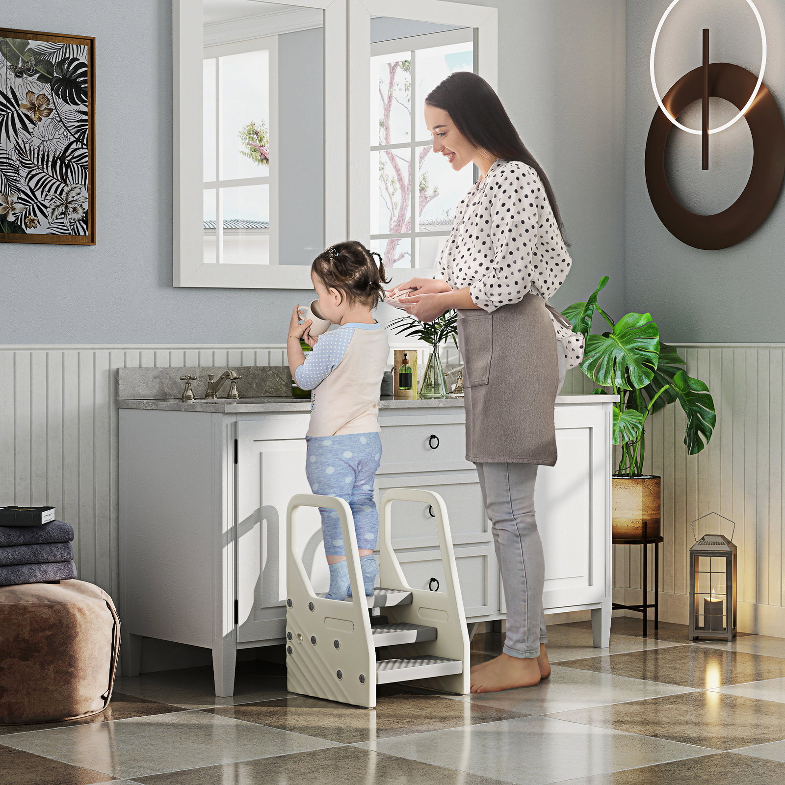 Banco infantil ajustável de 2 a 3 degraus torre de aprendizagem escada para crianças de 2-5 anos 43x42x65,5 cm cinza
