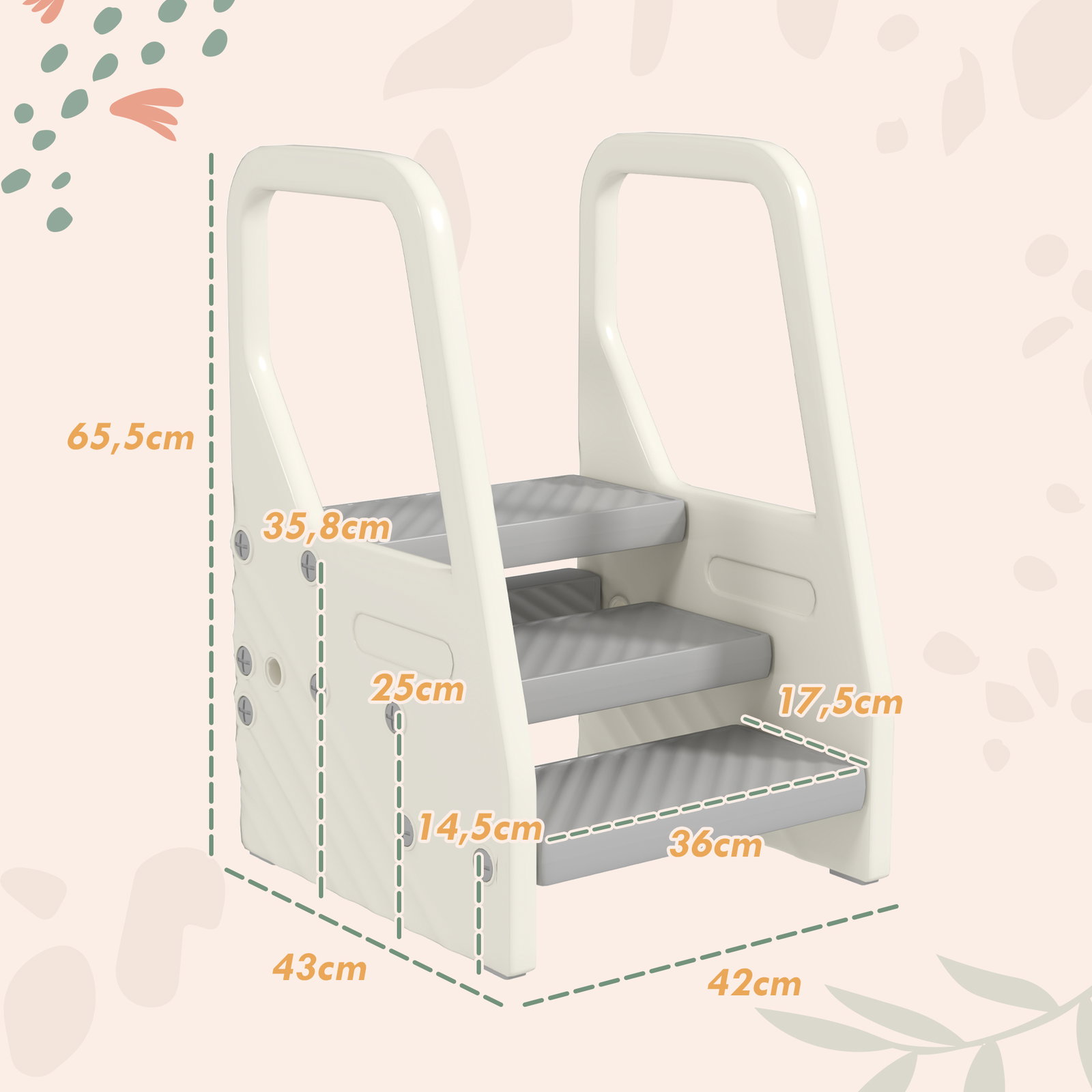 Banco infantil ajustável de 2 a 3 degraus torre de aprendizagem escada para crianças de 2-5 anos 43x42x65,5 cm cinza
