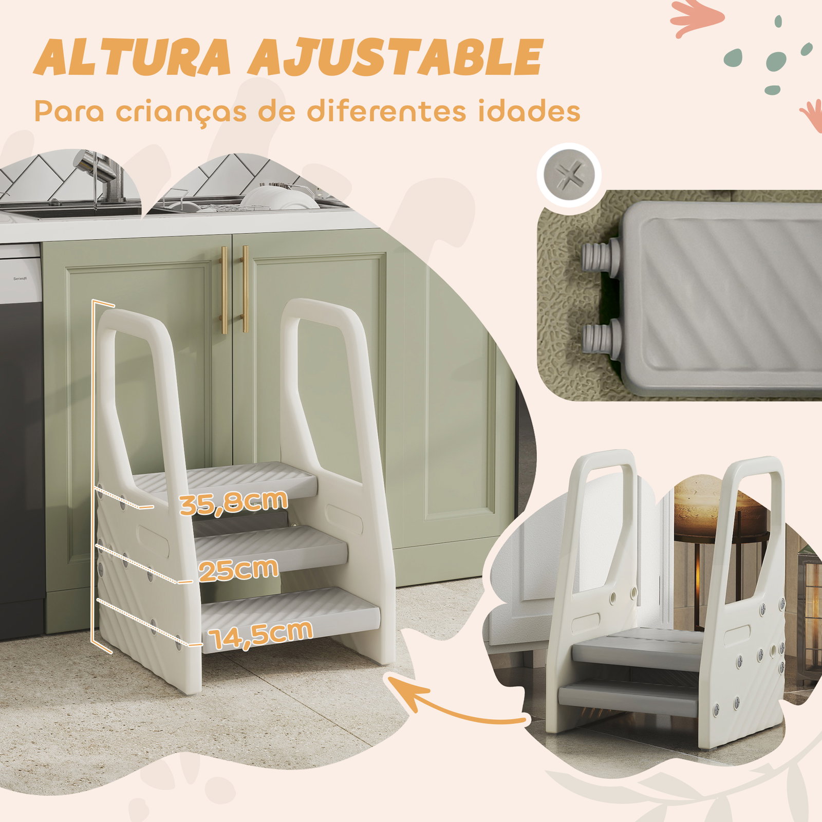 Banco infantil ajustável de 2 a 3 degraus torre de aprendizagem escada para crianças de 2-5 anos 43x42x65,5 cm cinza