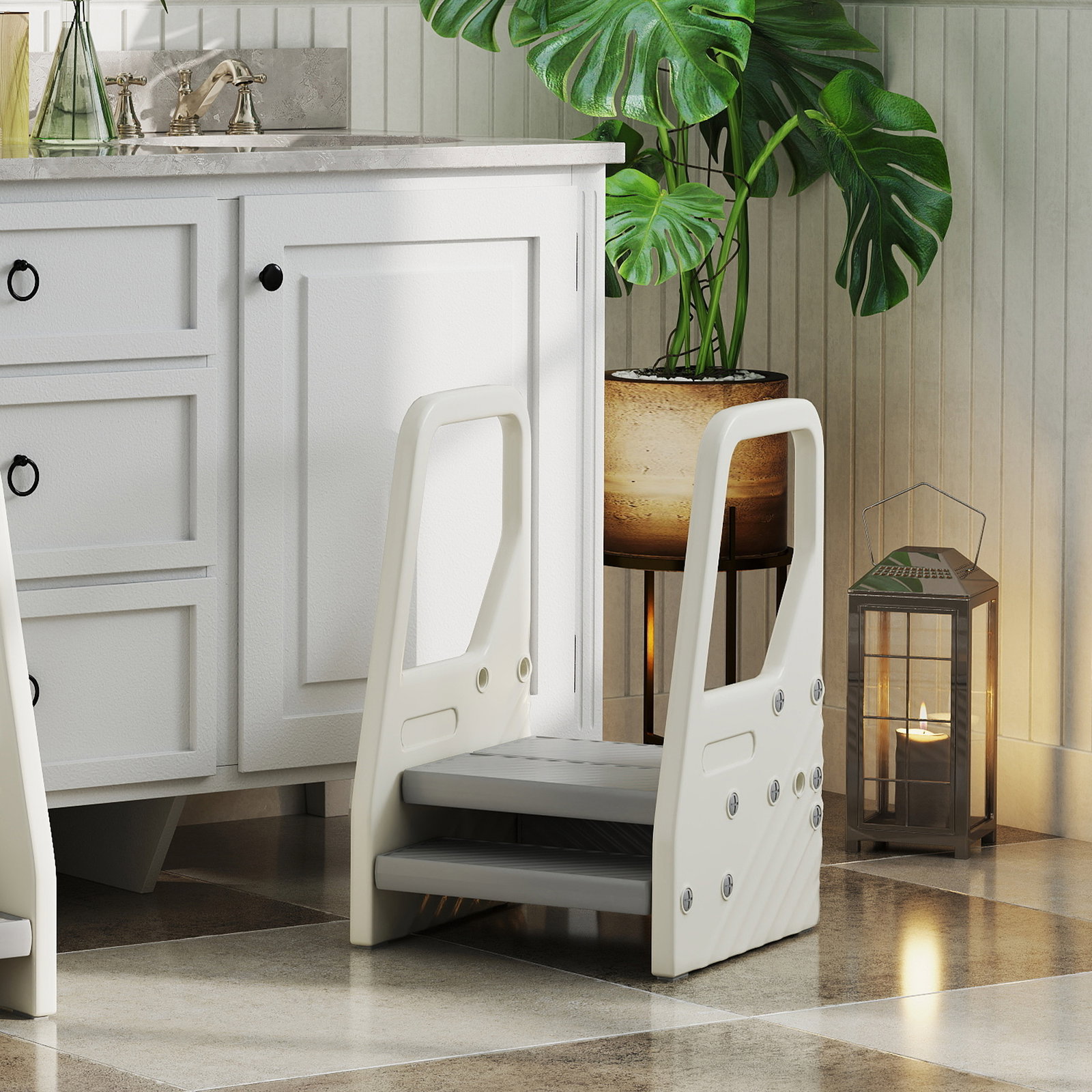 Banco infantil ajustável de 2 a 3 degraus torre de aprendizagem escada para crianças de 2-5 anos 43x42x65,5 cm cinza