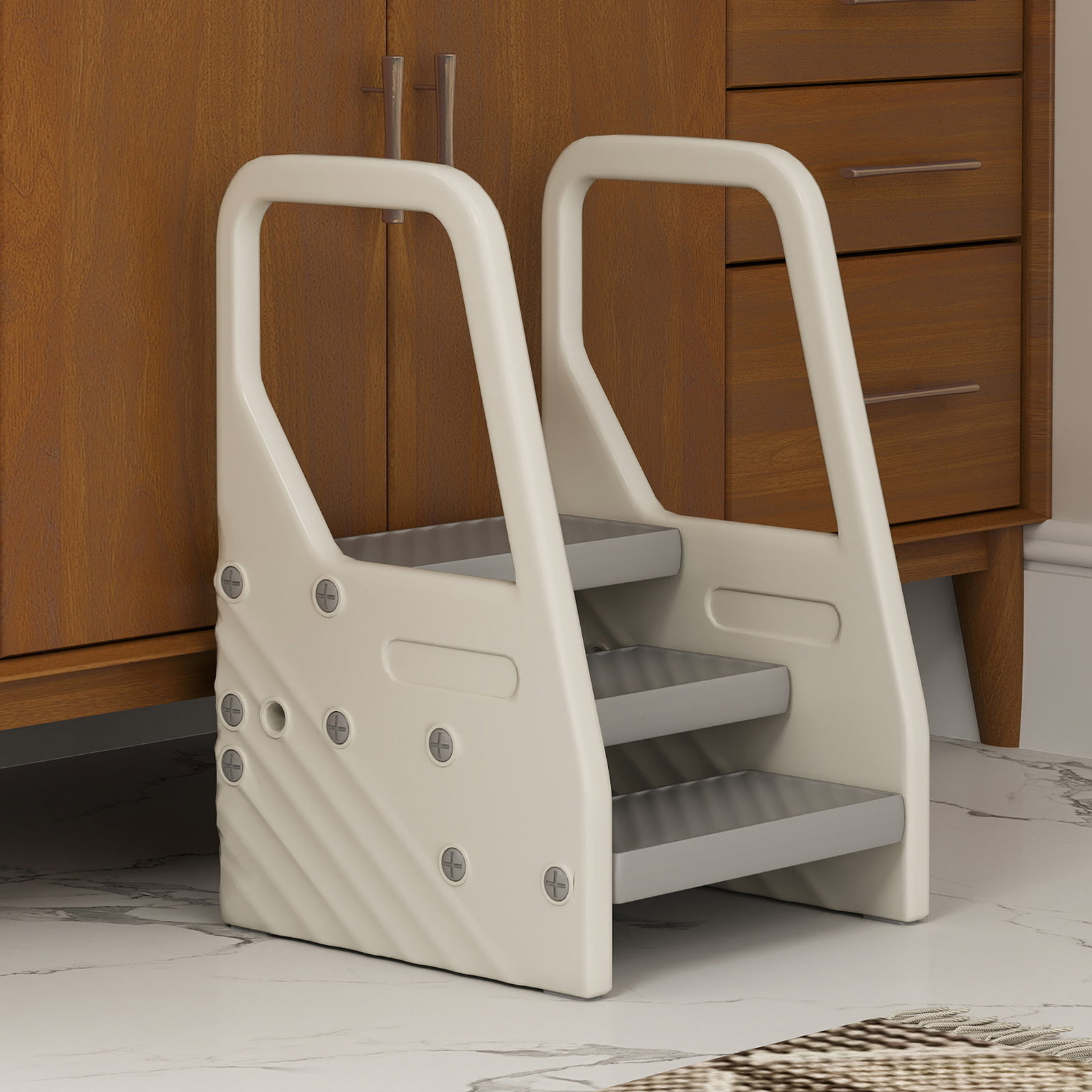 Banco infantil ajustável de 2 a 3 degraus torre de aprendizagem escada para crianças de 2-5 anos 43x42x65,5 cm cinza