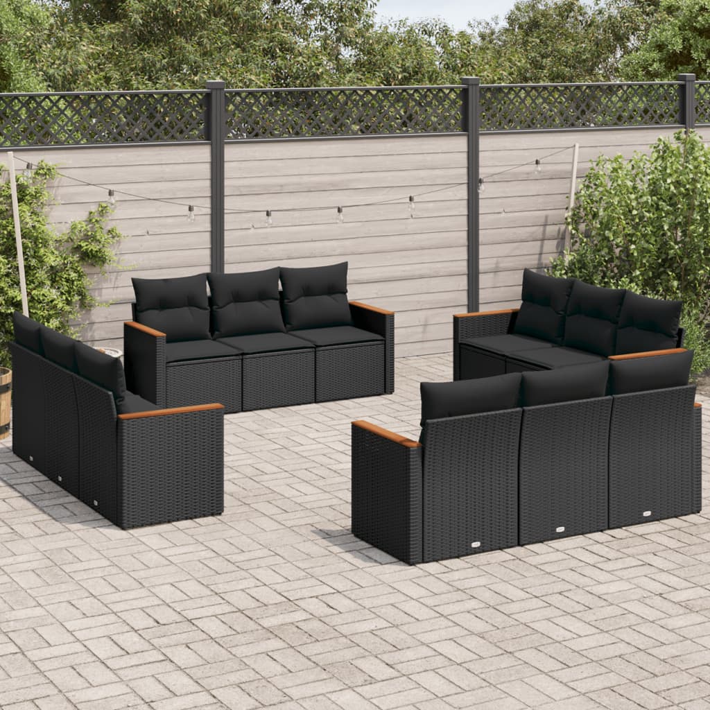 12 Pcs conjunto de sofás de jardim c/ almofadões vime PE preto