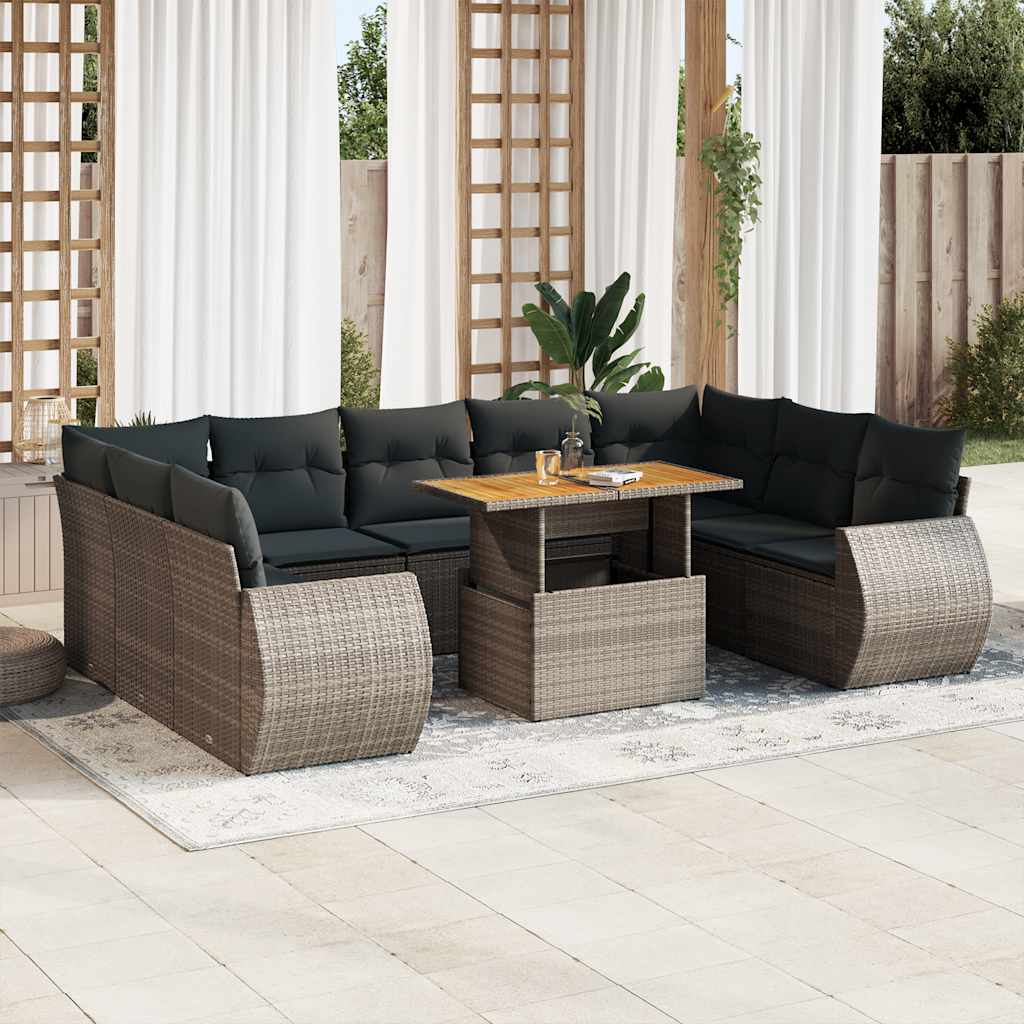10 Pcs conjunto sofás de jardim c/ almofadões vime PE cinzento