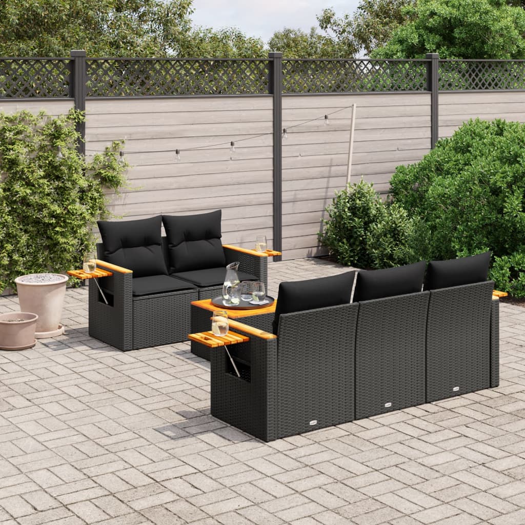 6 Pcs conjunto sofás de jardim c/ almofadões vime PE preto