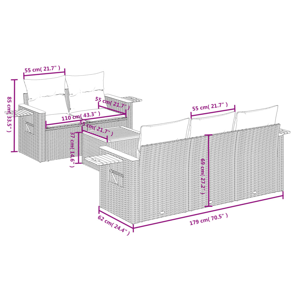 6 Pcs conjunto sofás de jardim c/ almofadões vime PE preto