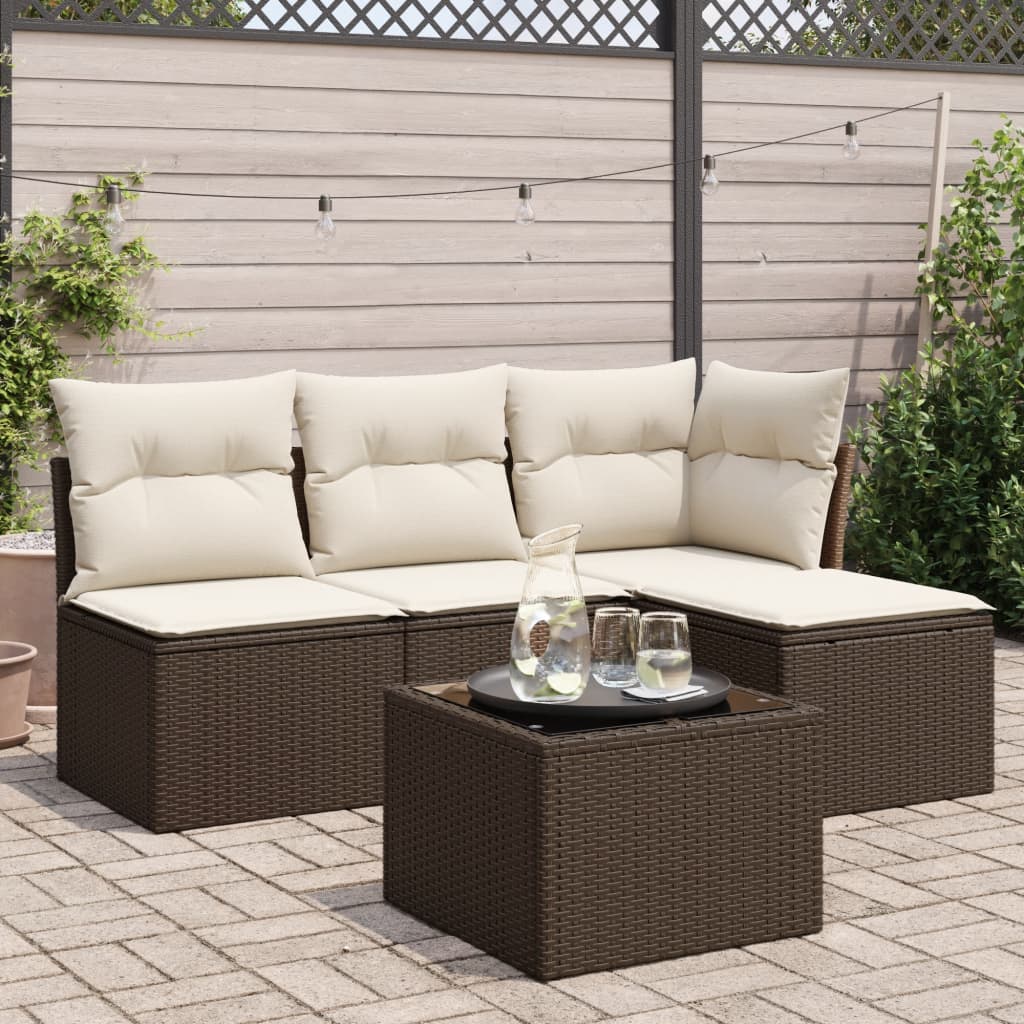 5 Pcs conjunto sofás p/ jardim c/ almofadões vime PE castanho