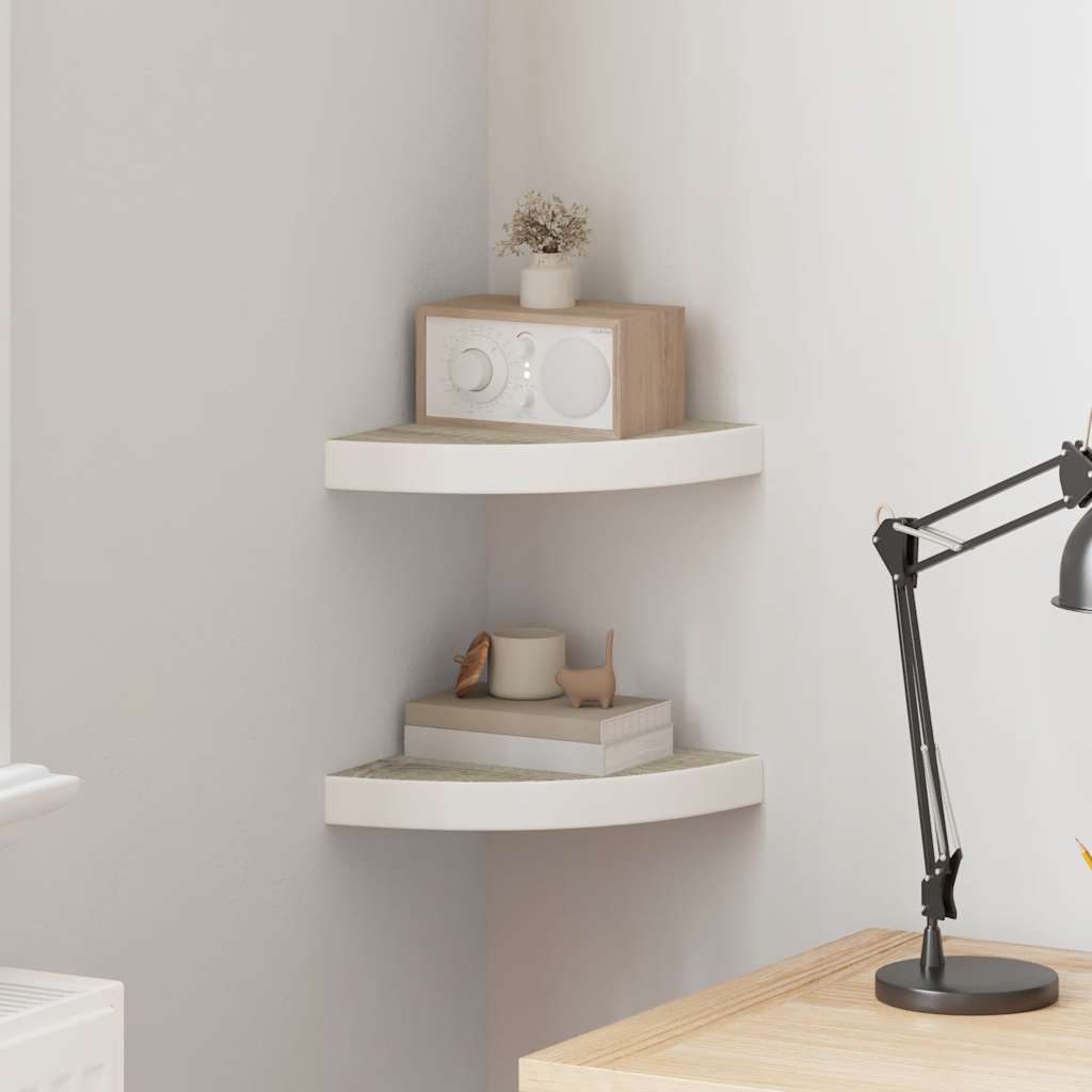 Prateleiras canto parede 2 pcs 25x25x3,8 cm MDF carvalho/branco