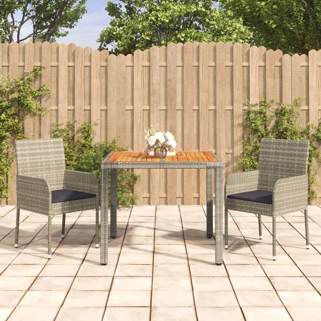 3 Pcs conjunto de jantar p/ jardim c/ almofadões vime PE cinza