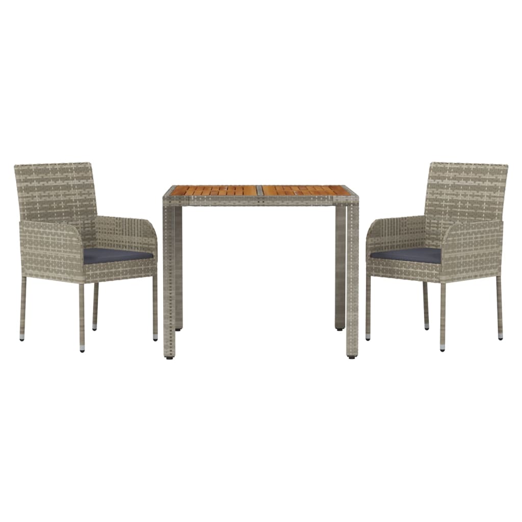 3 Pcs conjunto de jantar p/ jardim c/ almofadões vime PE cinza