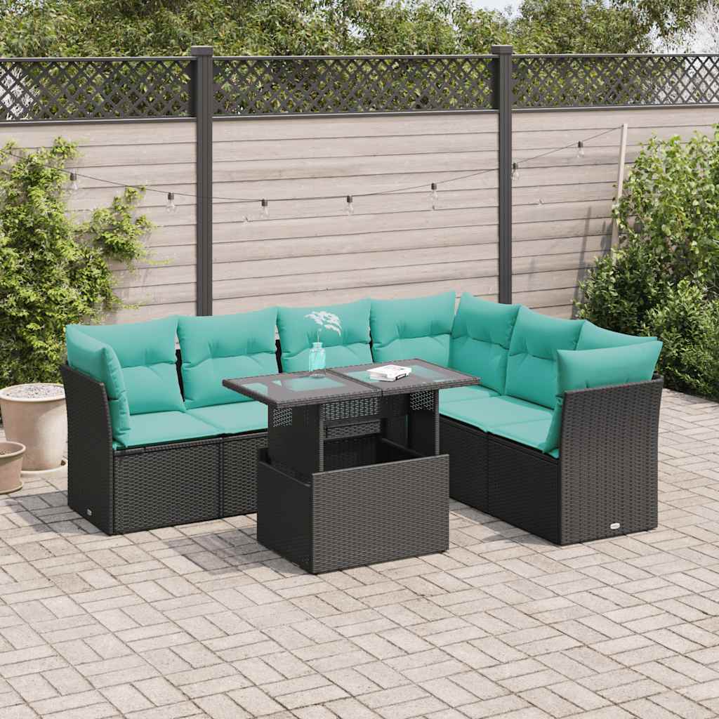 7 Pcs conj. sofás jardim c/ almofadões vime PE/acácia preto