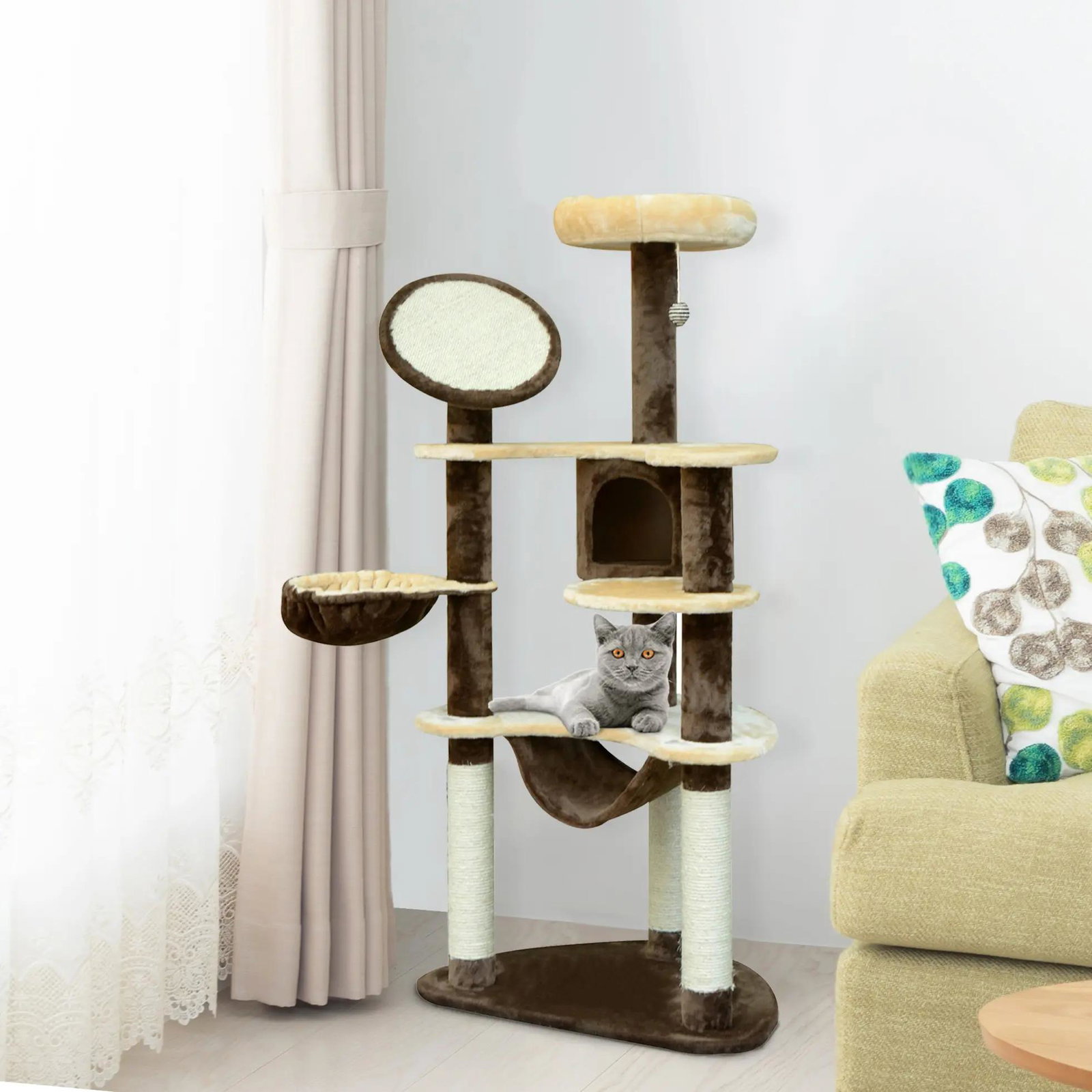 Árvore arranhador para gatos grande altura 153cm torre de escalada para gatos com caverna redes plataformas postes arranhadores de sisal e bola suspensa marrom e bege