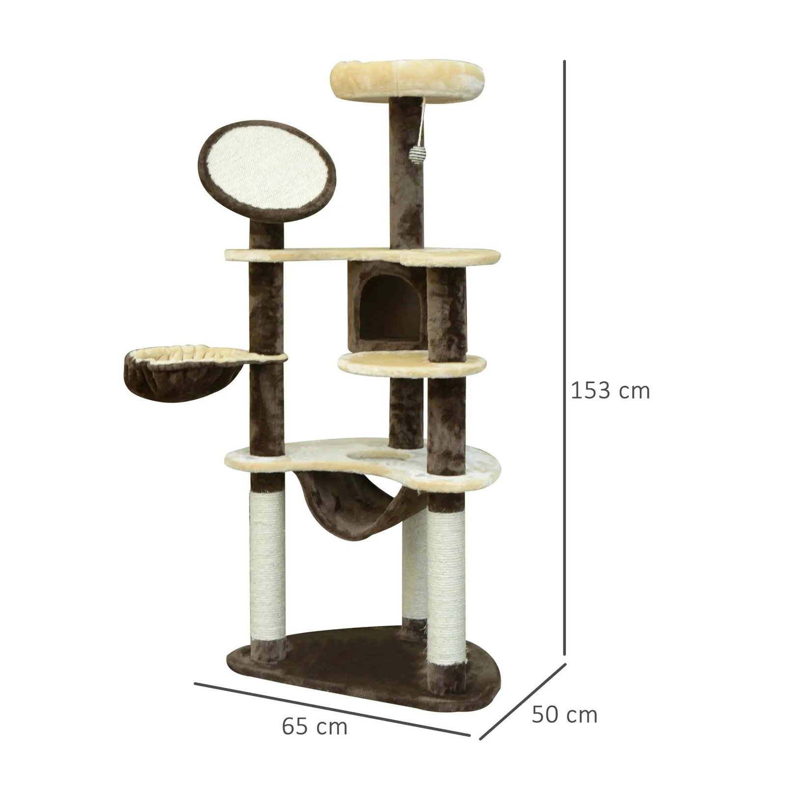 Árvore arranhador para gatos grande altura 153cm torre de escalada para gatos com caverna redes plataformas postes arranhadores de sisal e bola suspensa marrom e bege