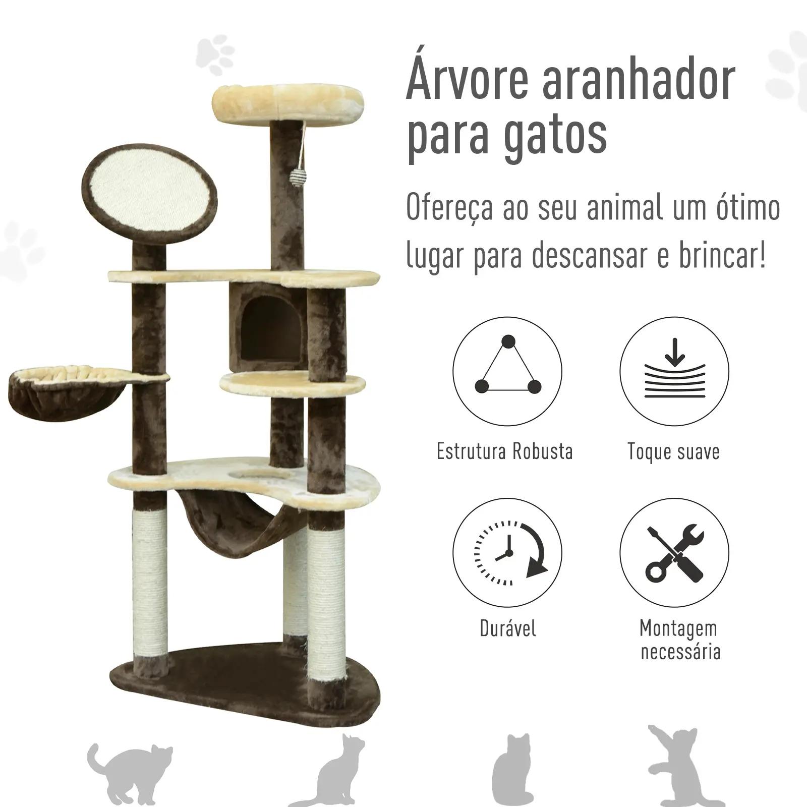 Árvore arranhador para gatos grande altura 153cm torre de escalada para gatos com caverna redes plataformas postes arranhadores de sisal e bola suspensa marrom e bege