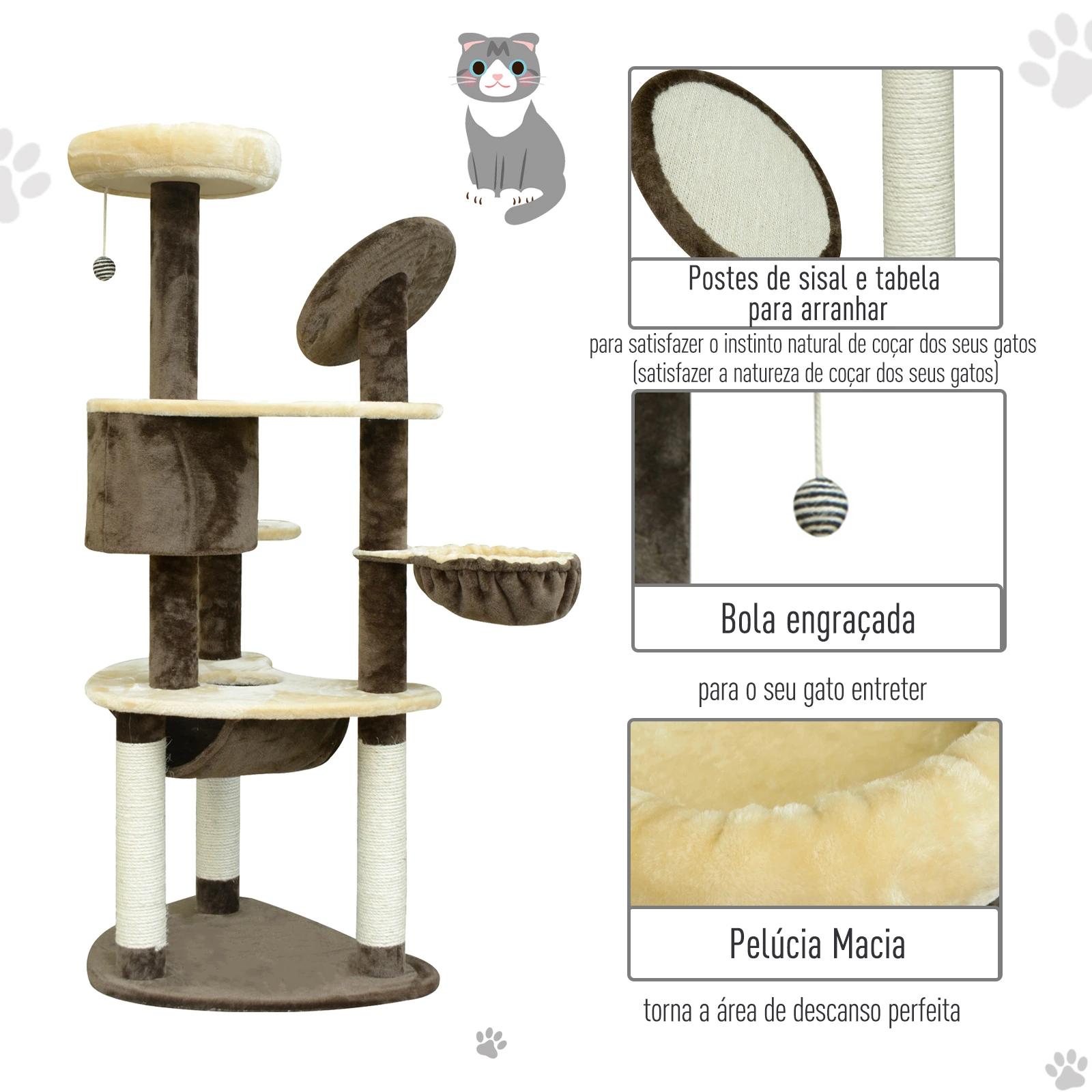 Árvore arranhador para gatos grande altura 153cm torre de escalada para gatos com caverna redes plataformas postes arranhadores de sisal e bola suspensa marrom e bege