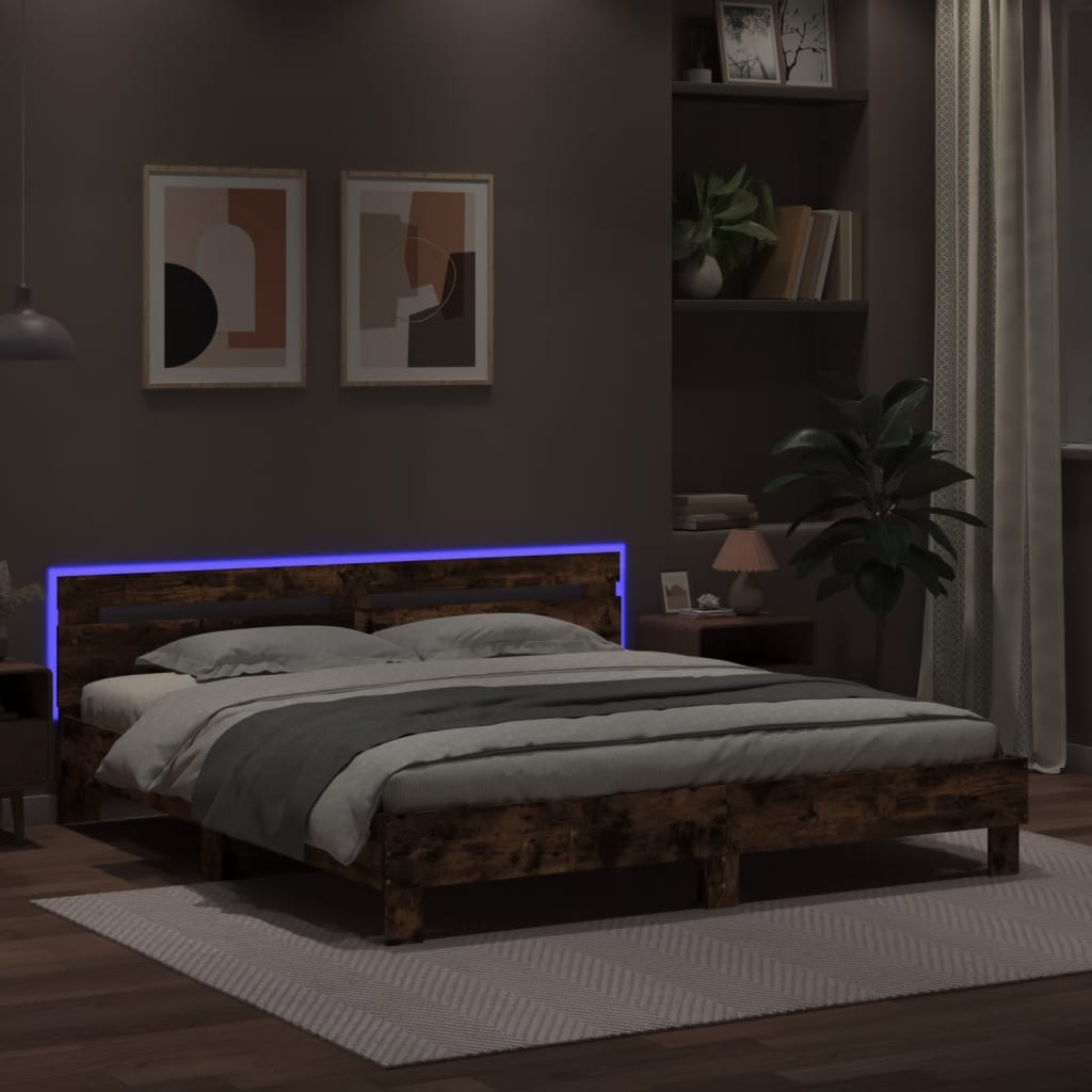 Estrutura cama c/ cabeceira/luzes LED 160x200cm carvalho fumado