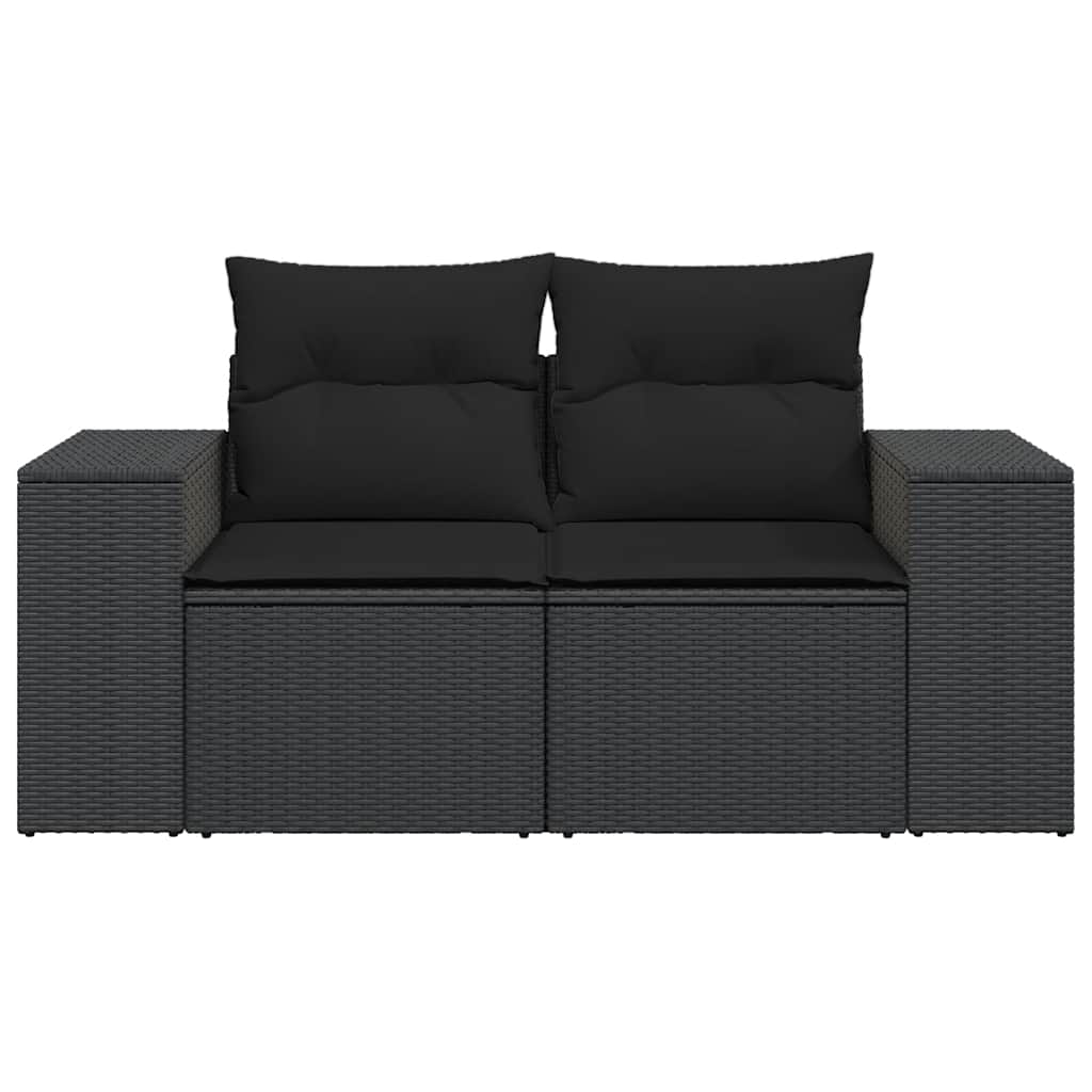 Sofá de jardim com almofadas, 2 lugares, vime sintético preto