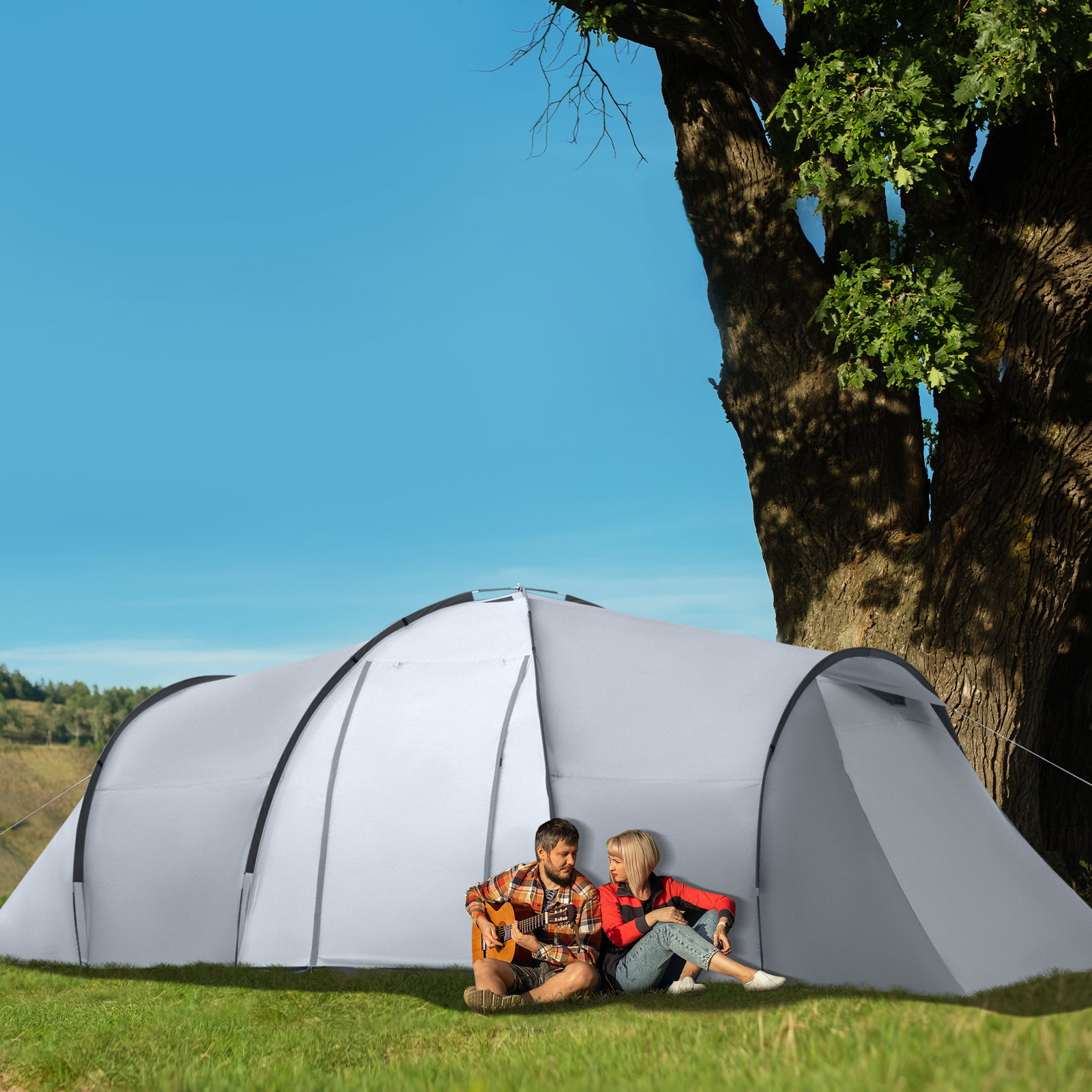 Tenda de campismo familiar para 4-6 pessoas tenda dobrável com 2 janelas impermeável anti-UV 590x245x193 cm cinza