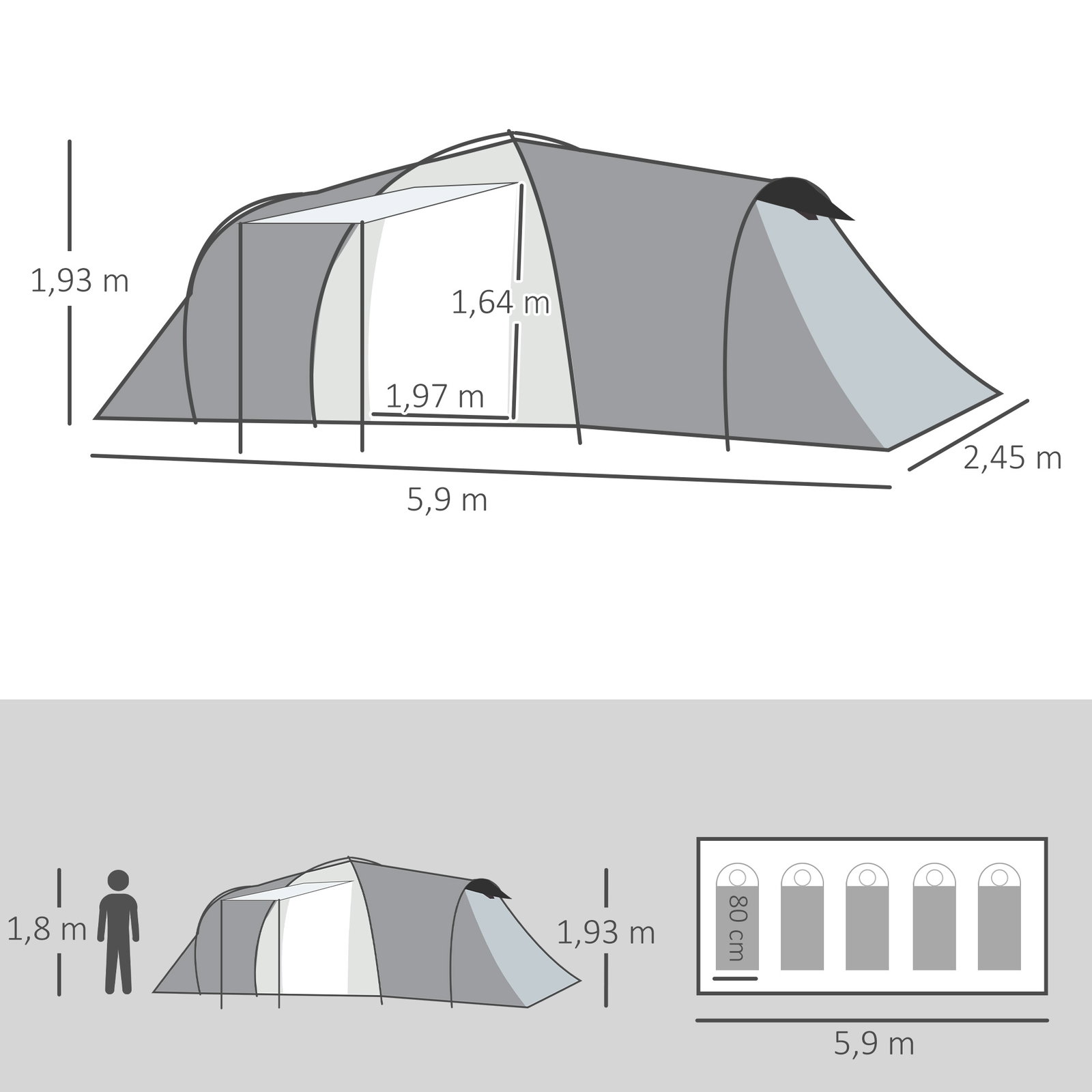 Tenda de campismo familiar para 4-6 pessoas tenda dobrável com 2 janelas impermeável anti-UV 590x245x193 cm cinza