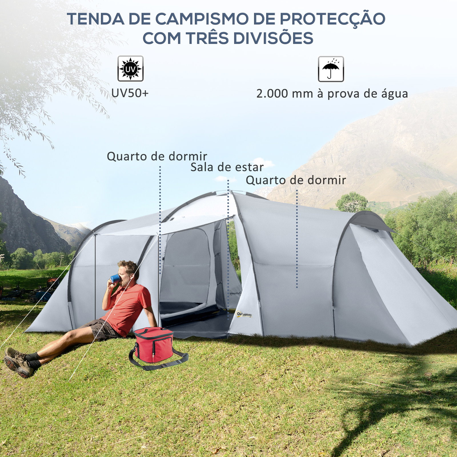 Tenda de campismo familiar para 4-6 pessoas tenda dobrável com 2 janelas impermeável anti-UV 590x245x193 cm cinza