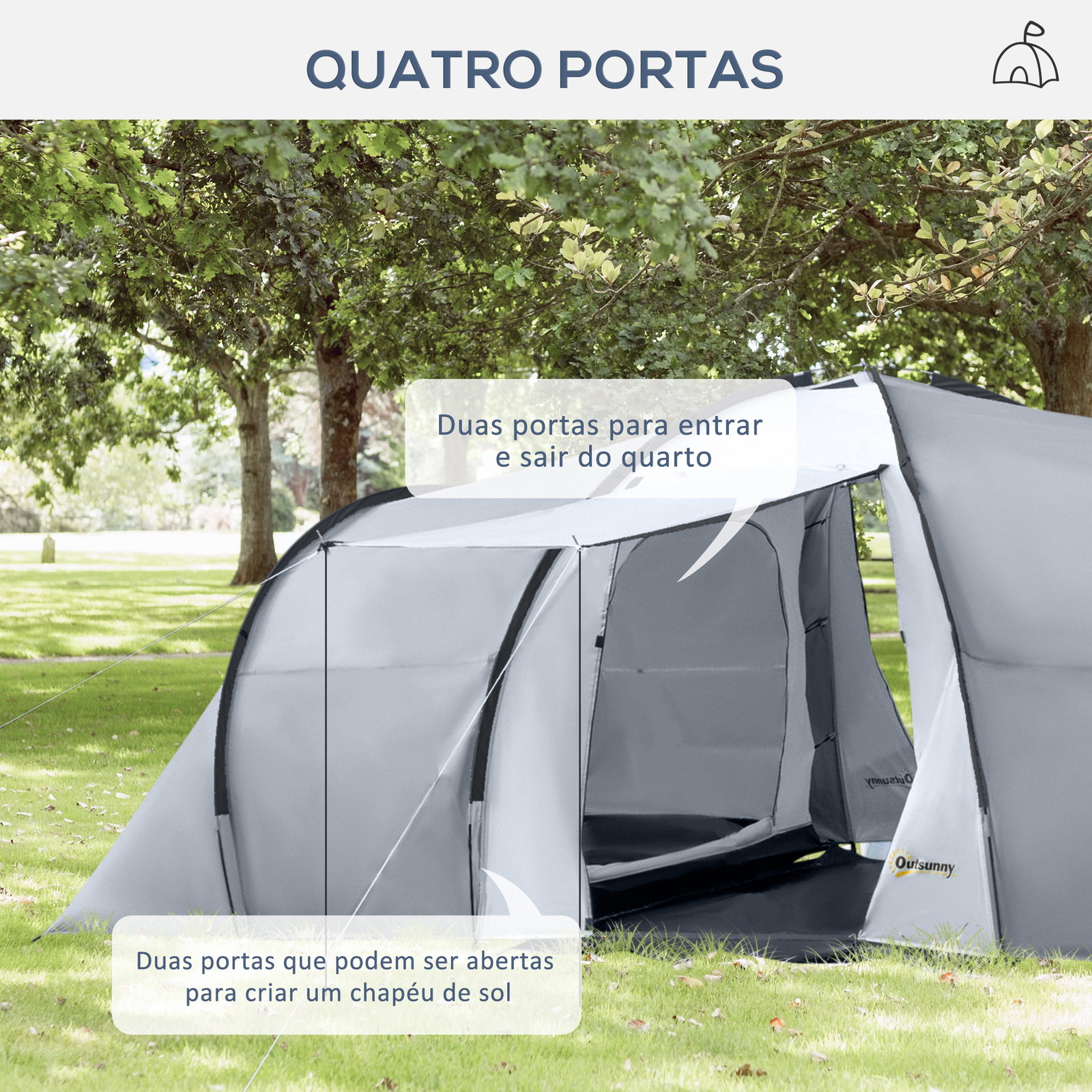 Tenda de campismo familiar para 4-6 pessoas tenda dobrável com 2 janelas impermeável anti-UV 590x245x193 cm cinza