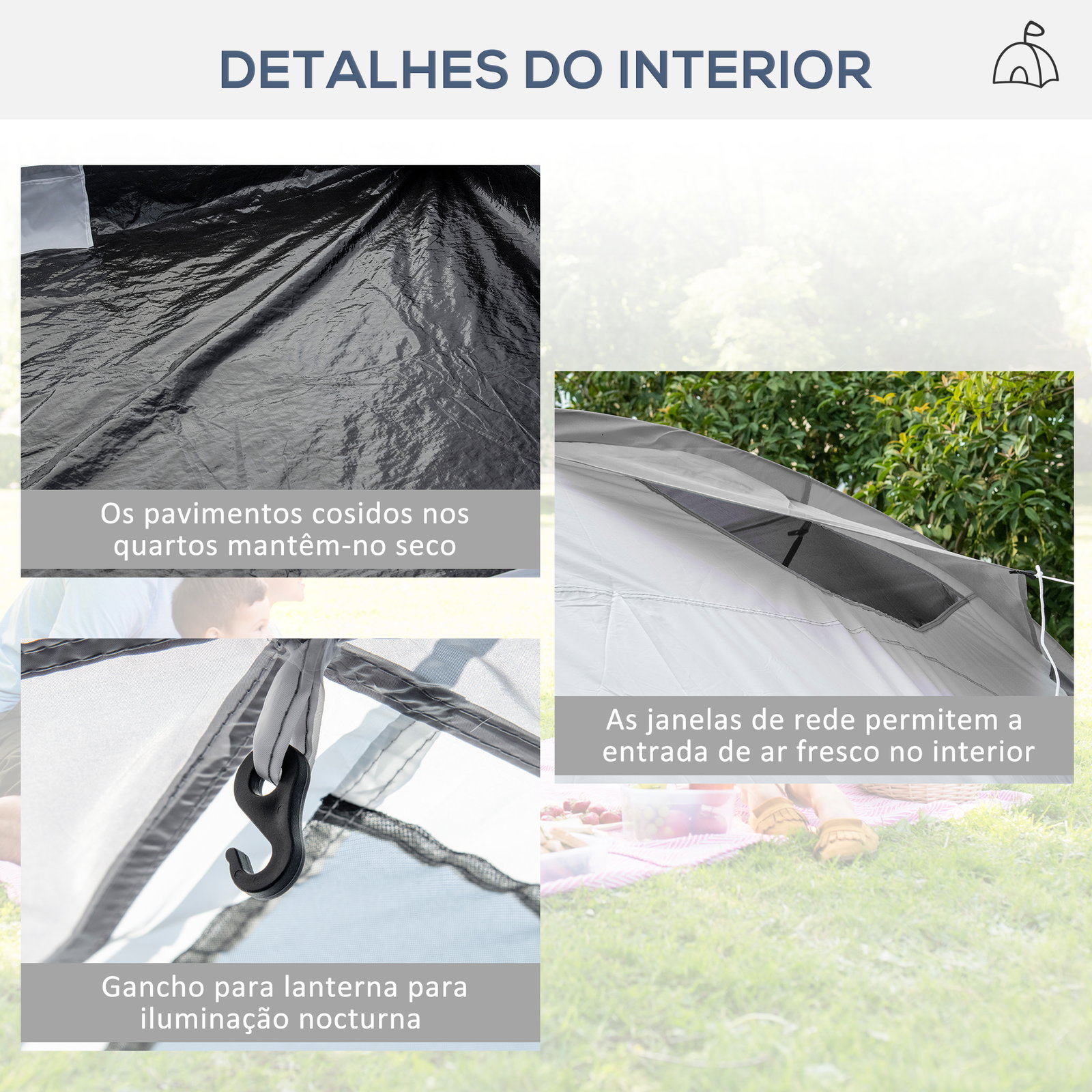 Tenda de campismo familiar para 4-6 pessoas tenda dobrável com 2 janelas impermeável anti-UV 590x245x193 cm cinza