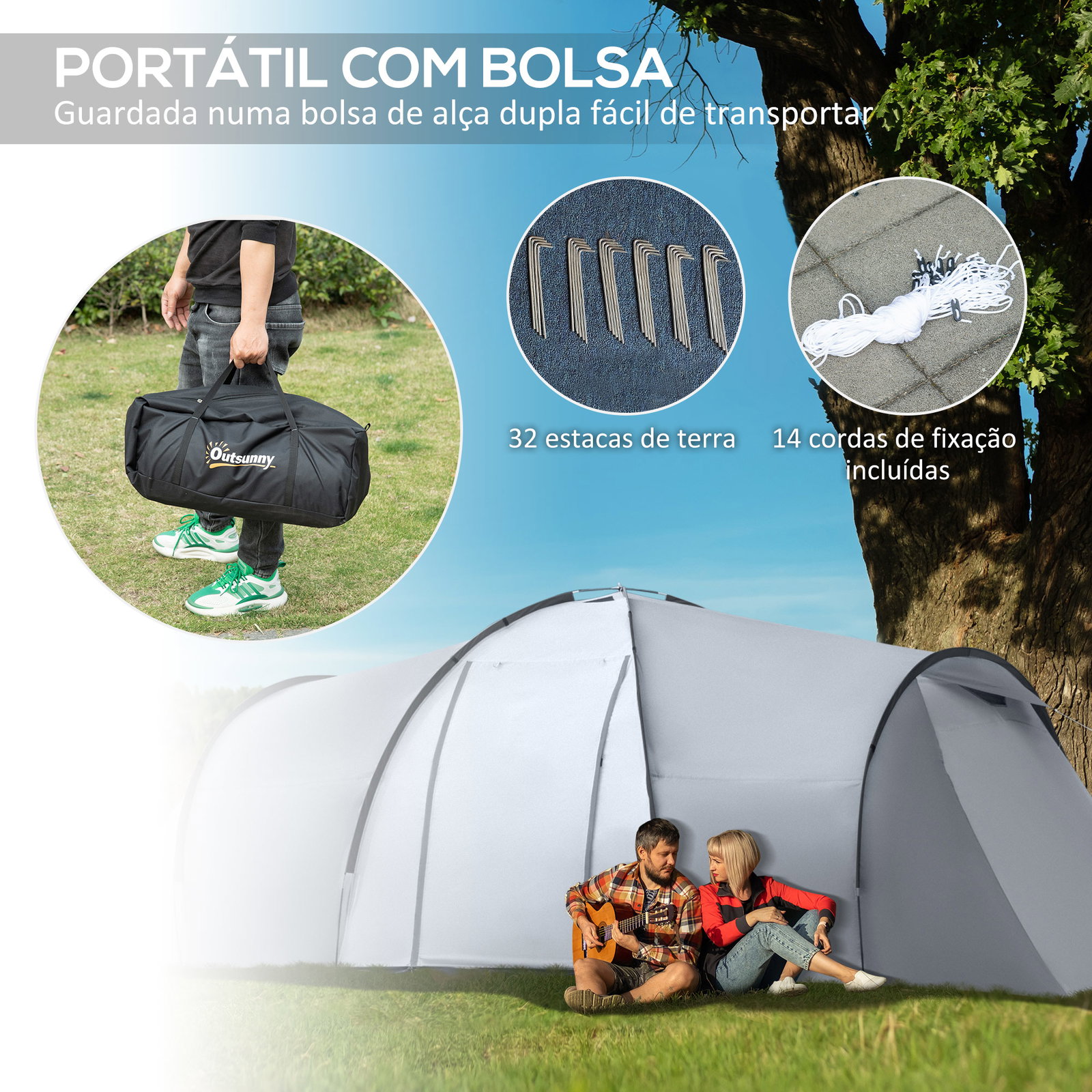Tenda de campismo familiar para 4-6 pessoas tenda dobrável com 2 janelas impermeável anti-UV 590x245x193 cm cinza
