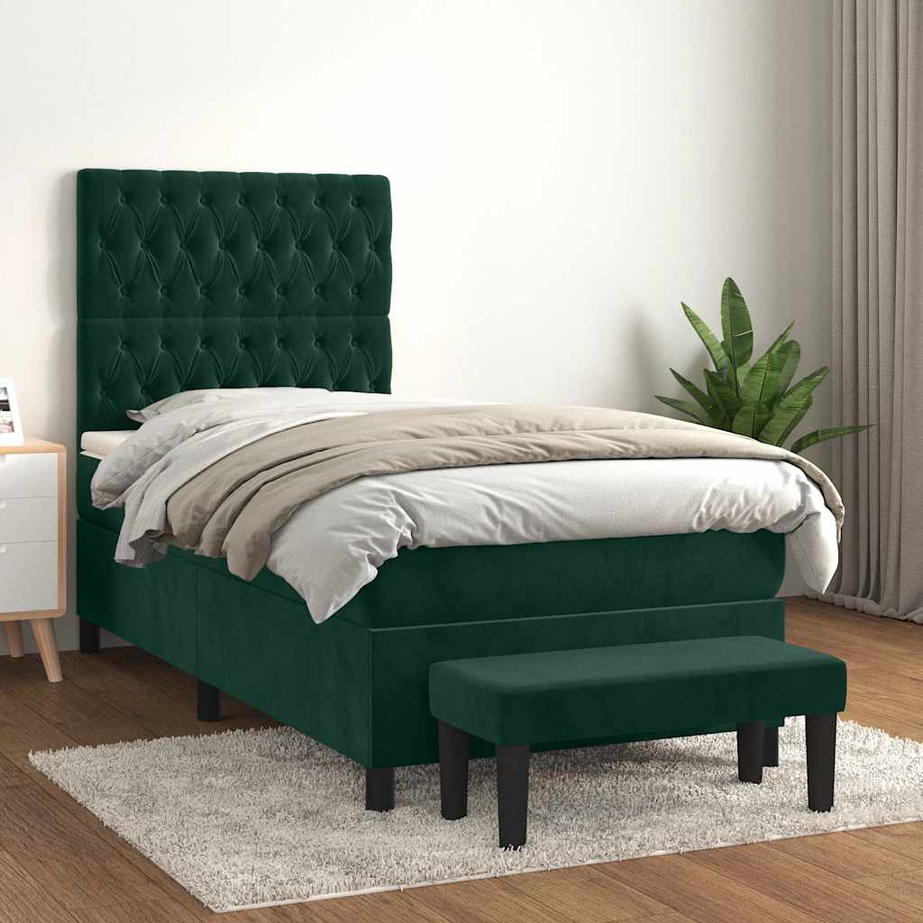 Cama com molas/colchão 100x200 cm veludo verde-escuro