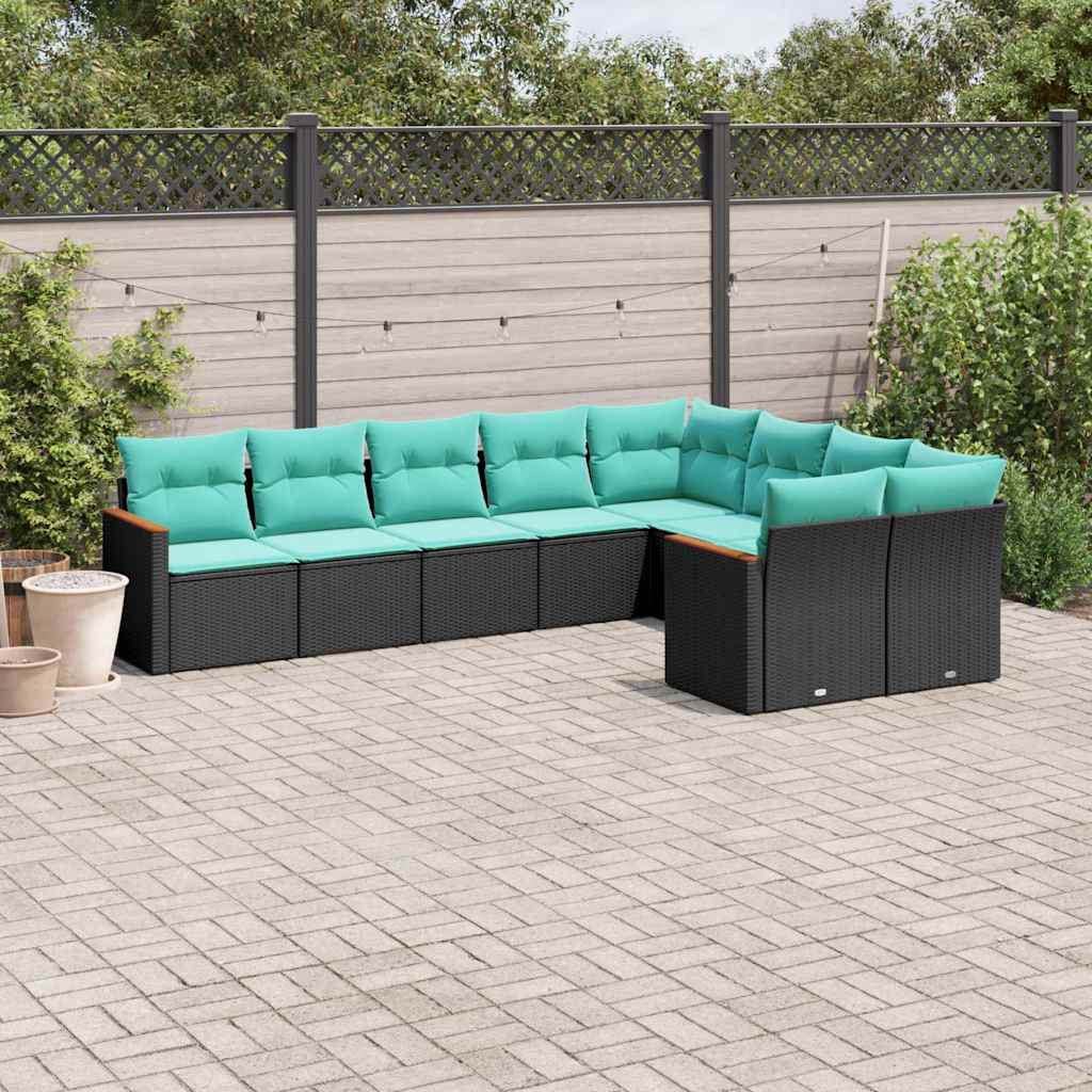Conjunto de sofá de jardim de 9 peças com almofadas em rattan sintético preto