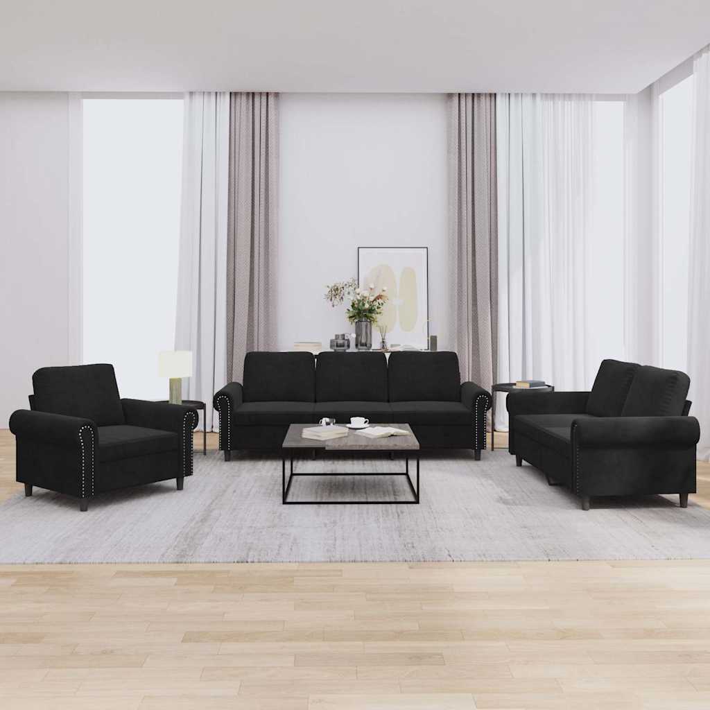 3 Pcs conjunto de sofás com almofadões veludo preto