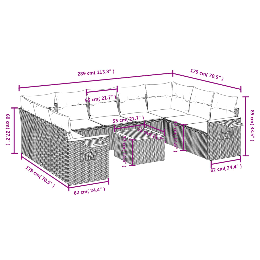 10 Pcs conjunto sofás de jardim c/ almofadões vime PE preto