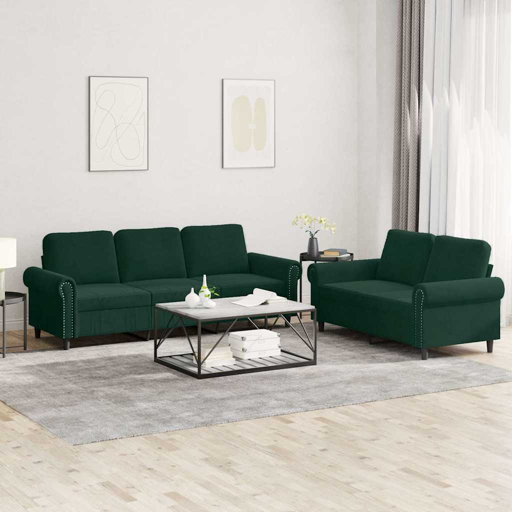 2 Pcs conjunto de sofás com almofadões veludo verde-escuro