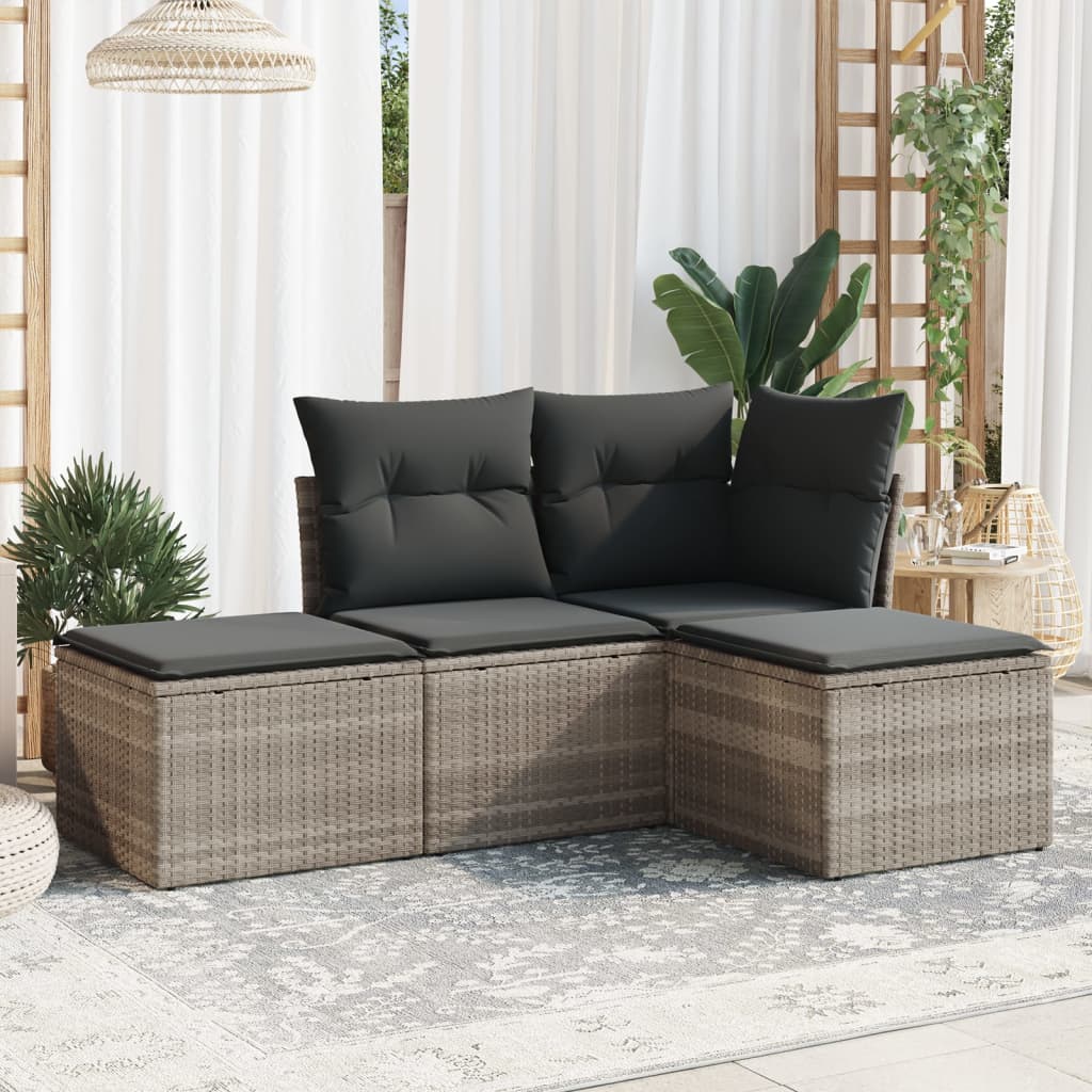 4 Pcs conj. sofás jardim c/ almofadões vime PE cinzento-claro