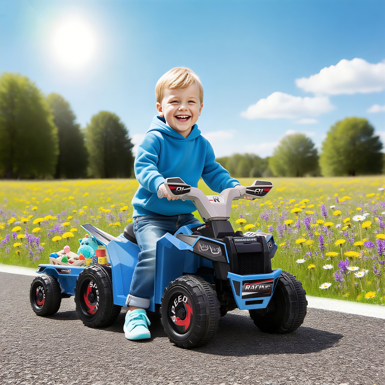 Quadriciclo elétrico para crianças com reboque bateria 6v de 18-36 meses com velocidade 2,5 km/h 106x41,5x48,5 cm azul