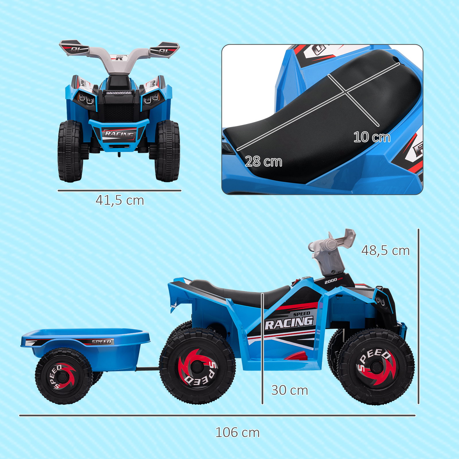Quadriciclo elétrico para crianças com reboque bateria 6v de 18-36 meses com velocidade 2,5 km/h 106x41,5x48,5 cm azul