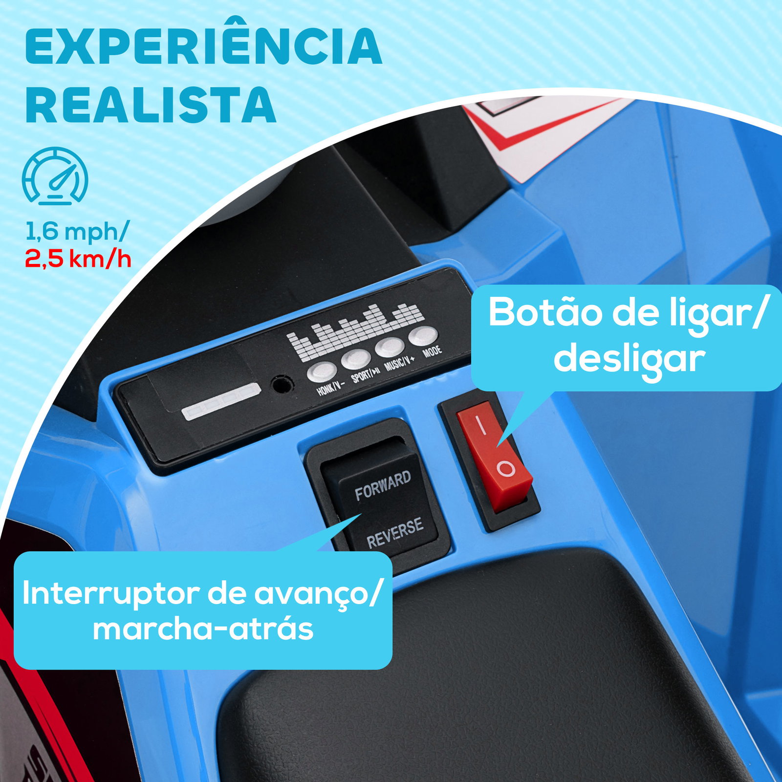Quadriciclo elétrico para crianças com reboque bateria 6v de 18-36 meses com velocidade 2,5 km/h 106x41,5x48,5 cm azul
