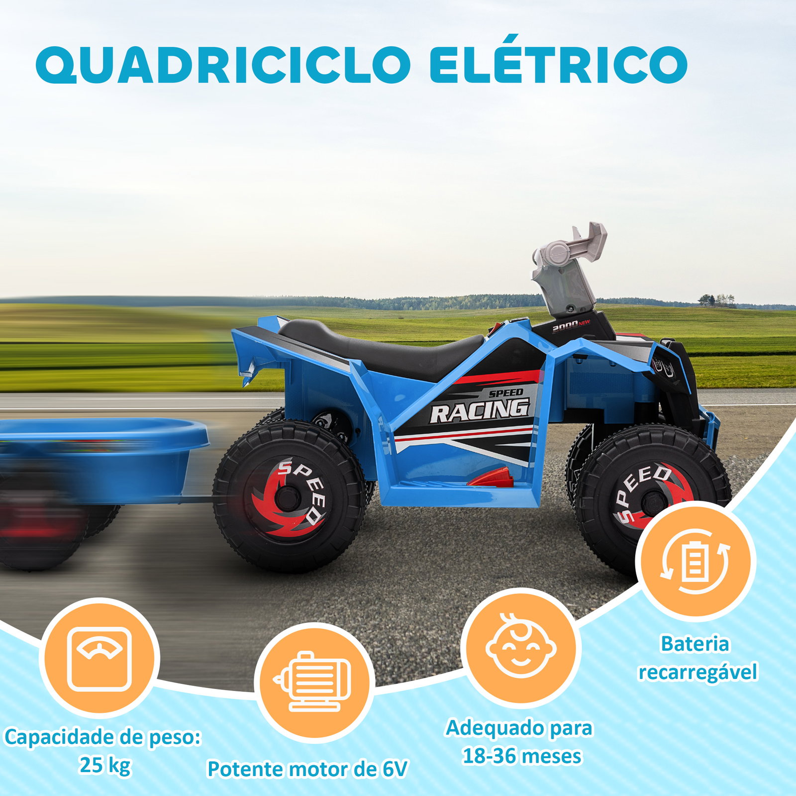 Quadriciclo elétrico para crianças com reboque bateria 6v de 18-36 meses com velocidade 2,5 km/h 106x41,5x48,5 cm azul