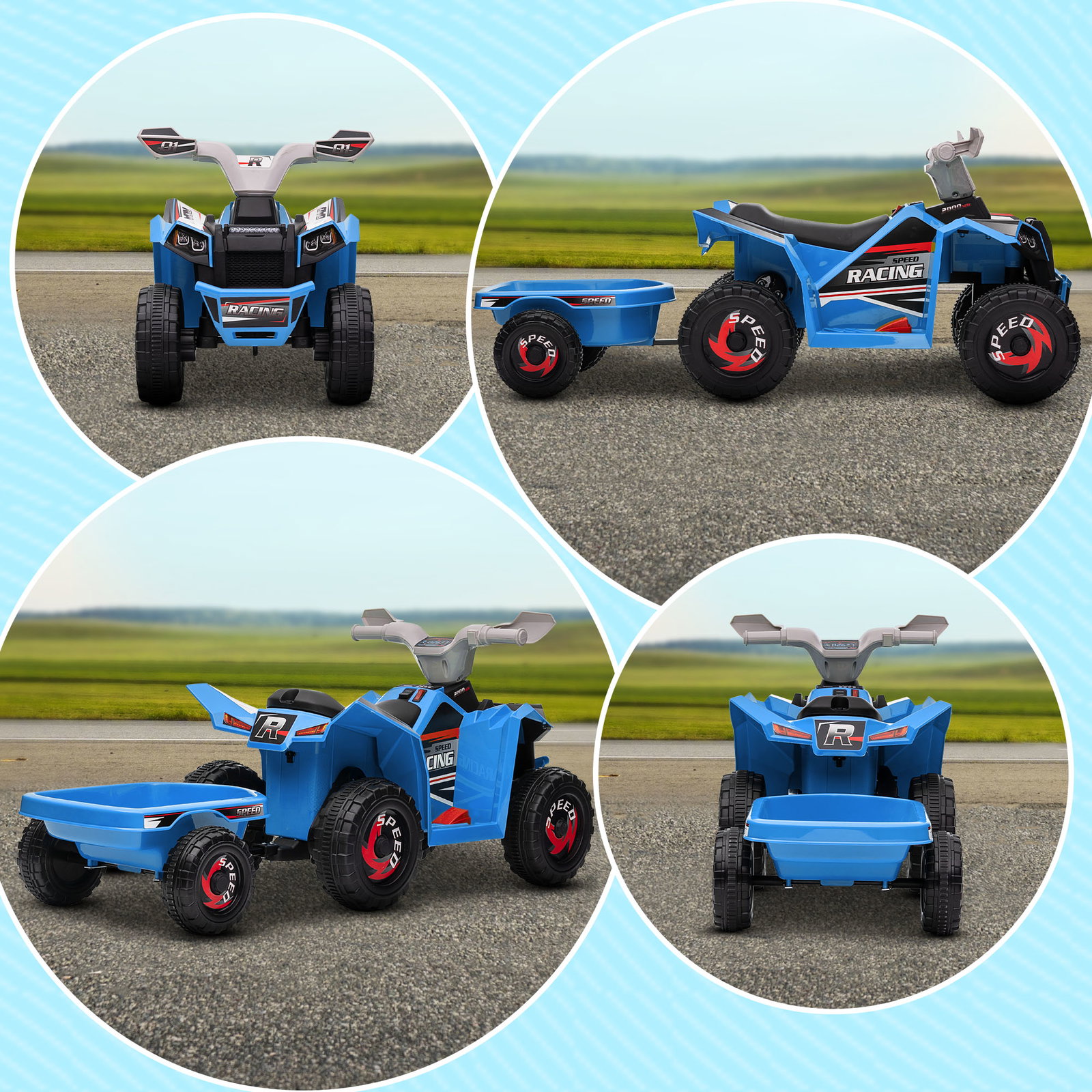 Quadriciclo elétrico para crianças com reboque bateria 6v de 18-36 meses com velocidade 2,5 km/h 106x41,5x48,5 cm azul