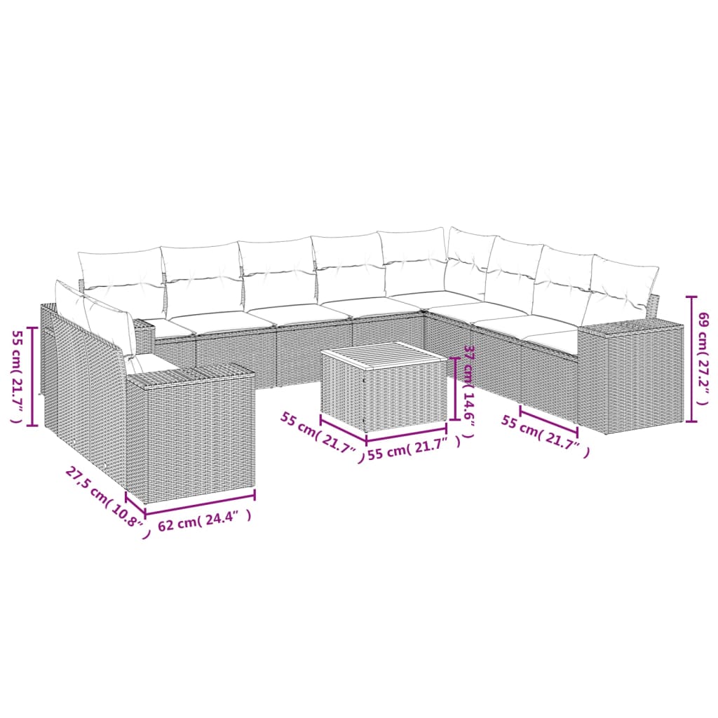 11 Pcs conjunto sofás de jardim c/ almofadões vime PE preto