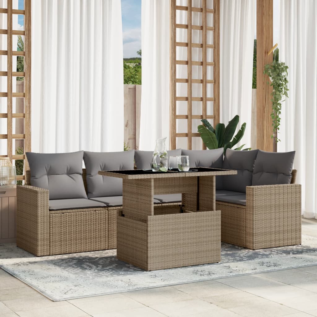 6 Pcs conjunto de sofás p/ jardim com almofadões vime PE bege