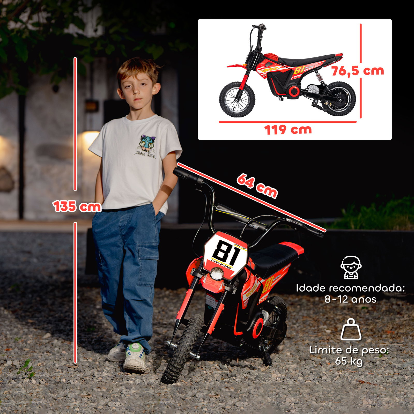 Mota elétrica para crianças 24v com motor 250w velocidade de 6-16km/h rodas de 30,5 cm para crianças de 8-12 anos vermelho