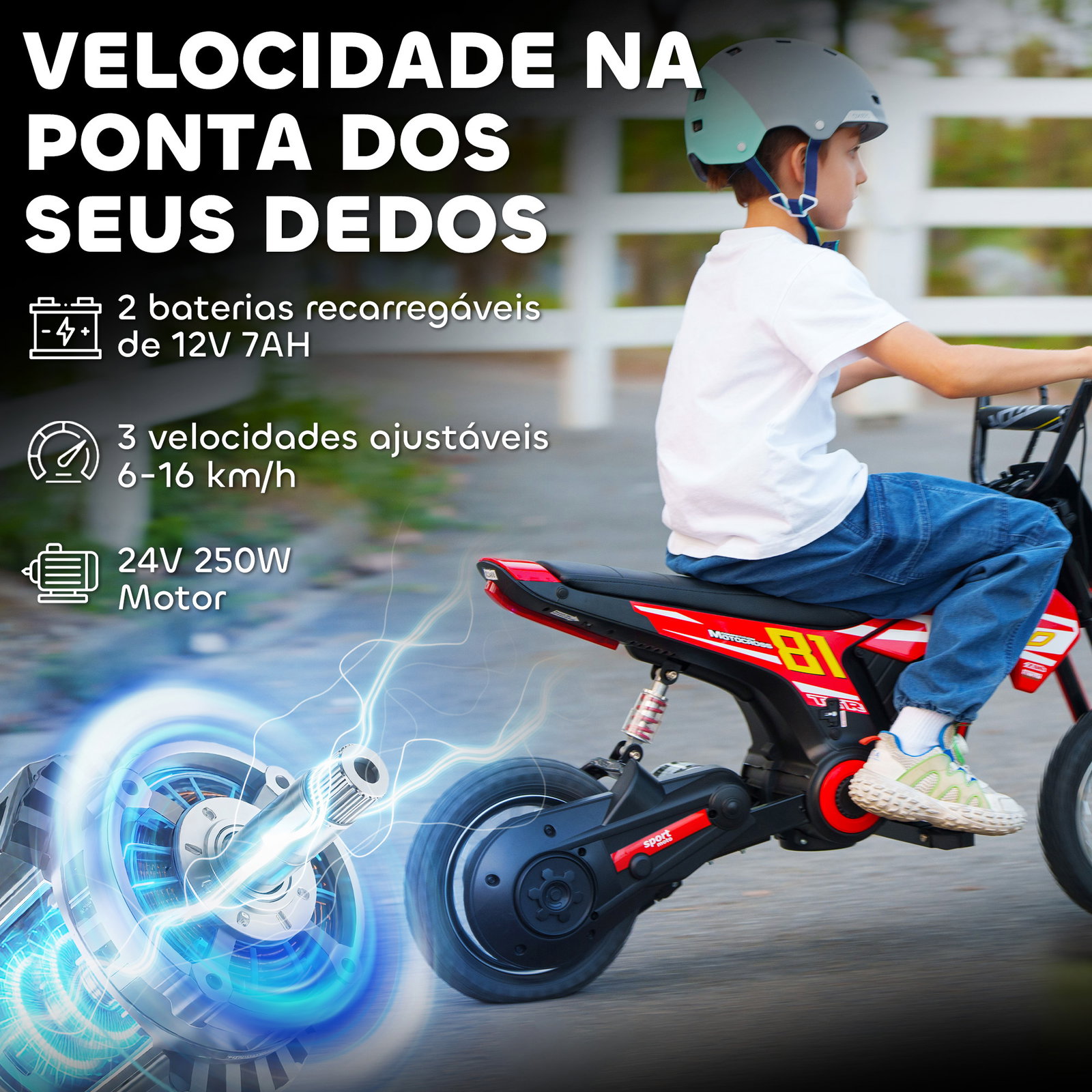 Mota elétrica para crianças 24v com motor 250w velocidade de 6-16km/h rodas de 30,5 cm para crianças de 8-12 anos vermelho