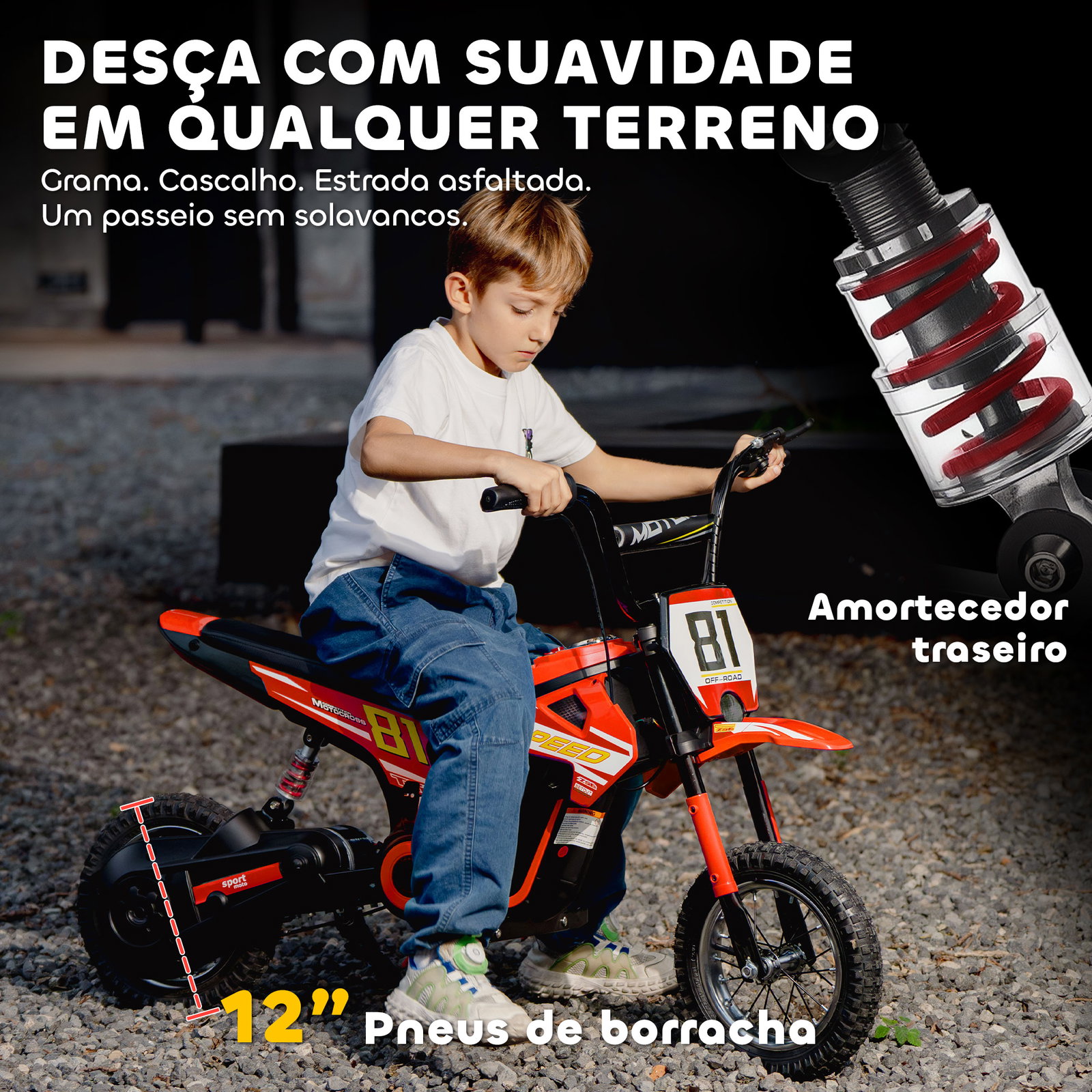 Mota elétrica para crianças 24v com motor 250w velocidade de 6-16km/h rodas de 30,5 cm para crianças de 8-12 anos vermelho